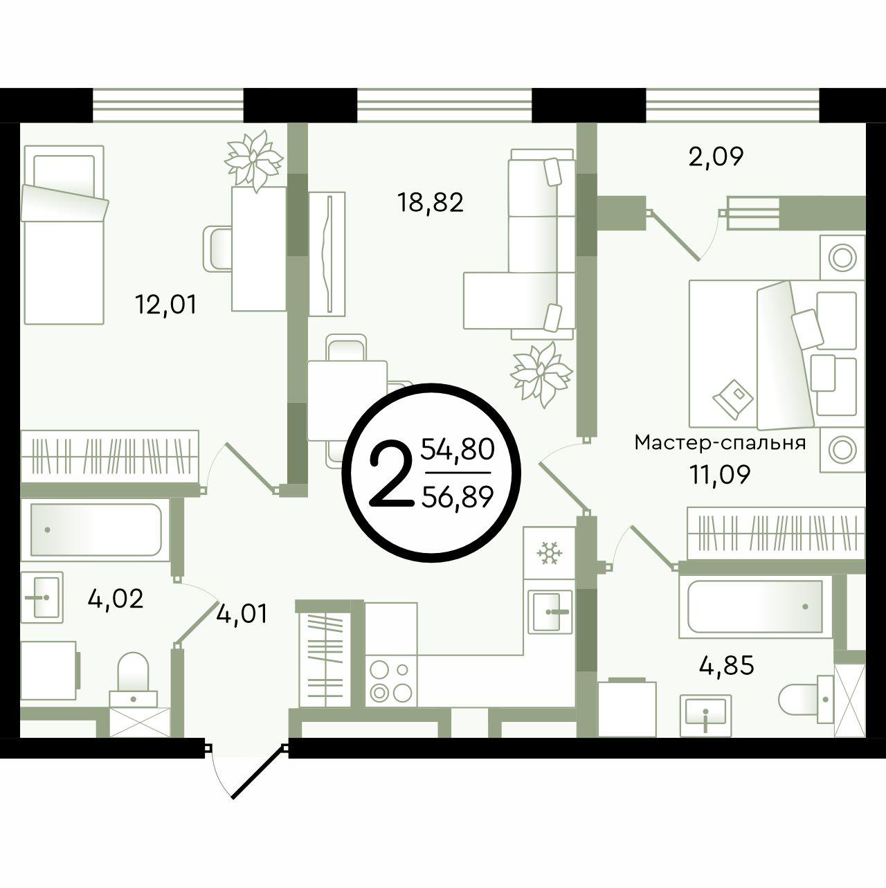 Планировка: Евротрешка 56.9 м² в ЖК Зеленые аллеи, Новорощинский