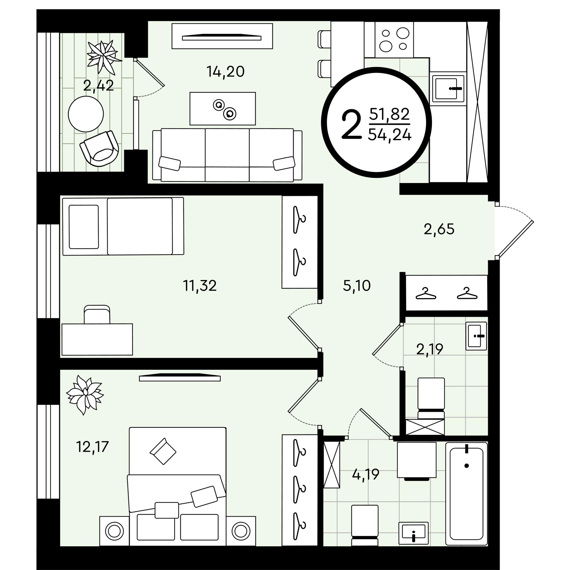 Планировка: Евротрешка 54.2 м² в ЖК Зеленые аллеи, Новорощинский