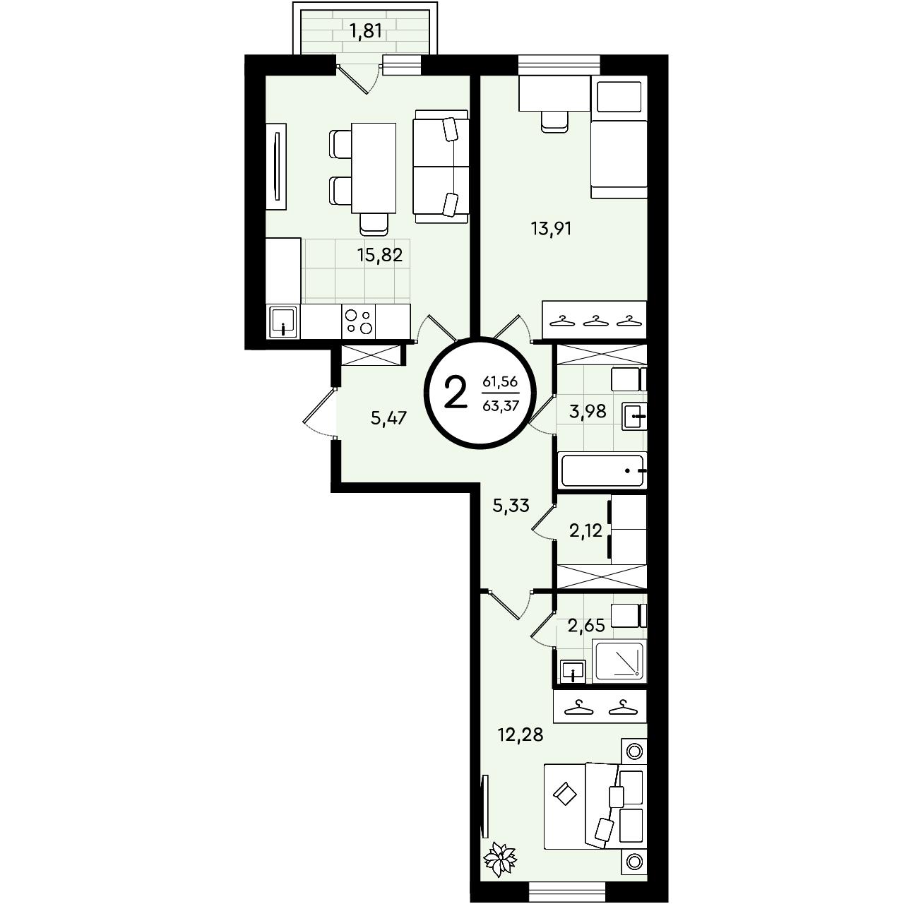 Планировка: Евротрешка 63.4 м² в ЖК Зеленые аллеи, Новорощинский