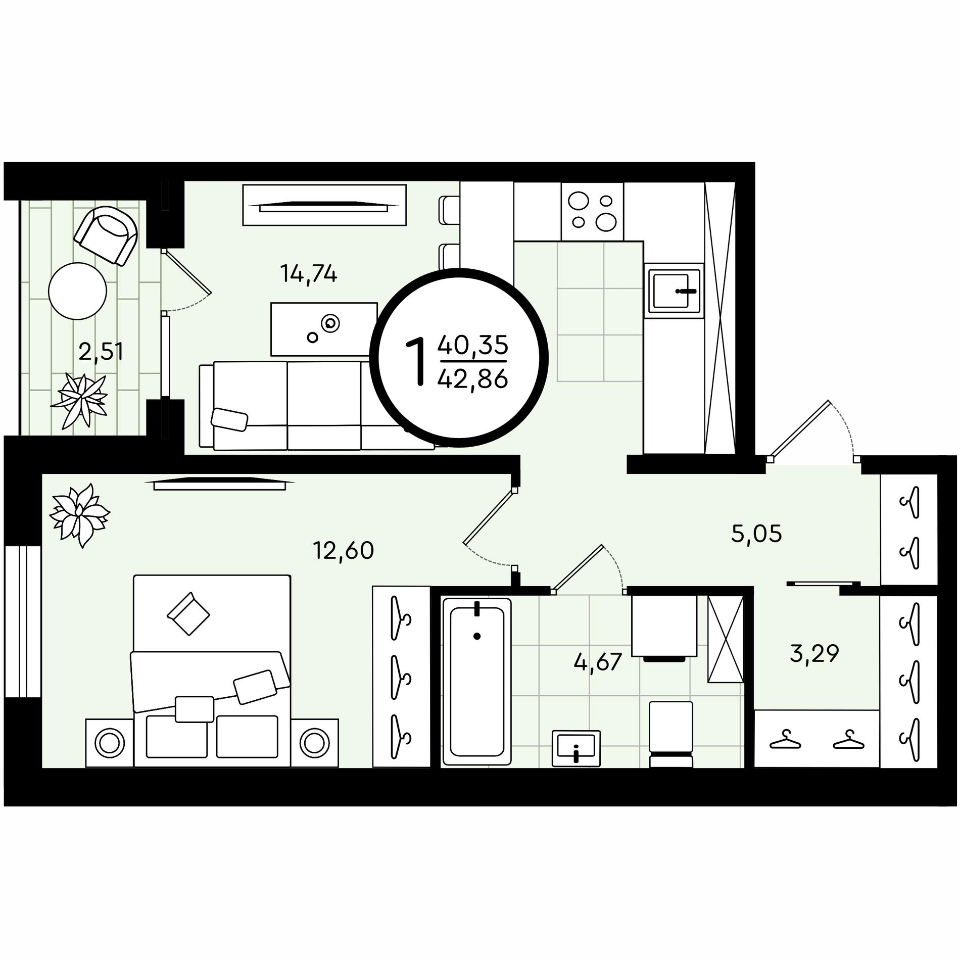 Планировка: Евродвушка 42.9 м² в ЖК Зеленые аллеи, Новорощинский