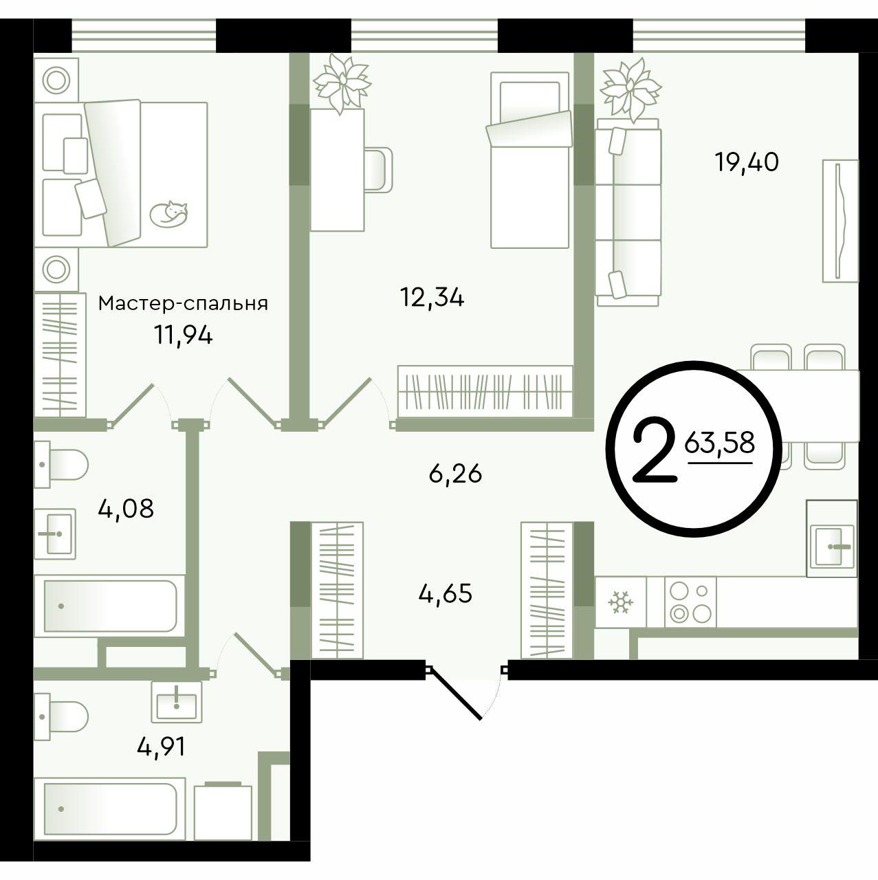 Планировка: Евротрешка 63.6 м² в ЖК Зеленые аллеи, Новорощинский