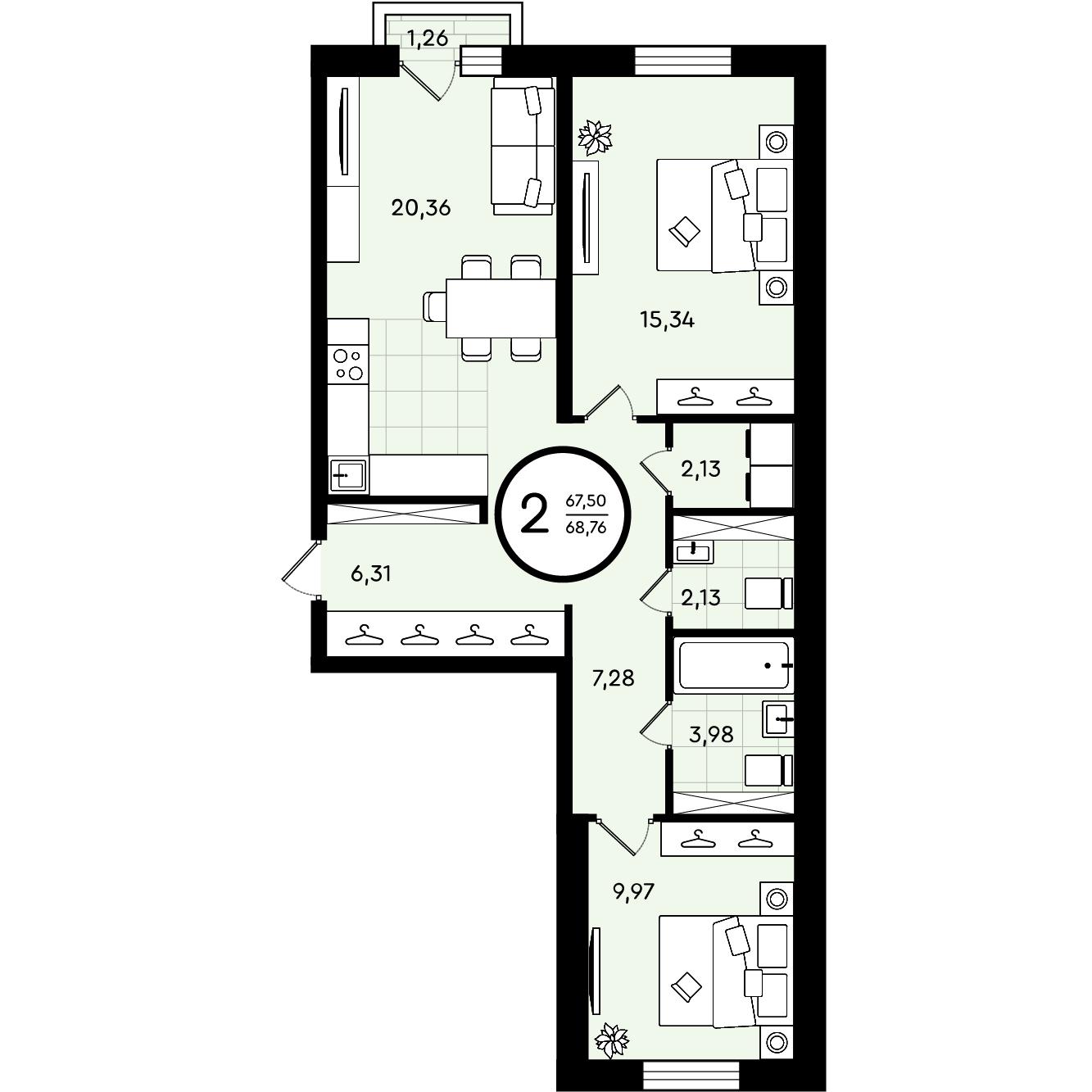 Планировка: Евротрешка 68.8 м² в ЖК Зеленые аллеи, Новорощинский