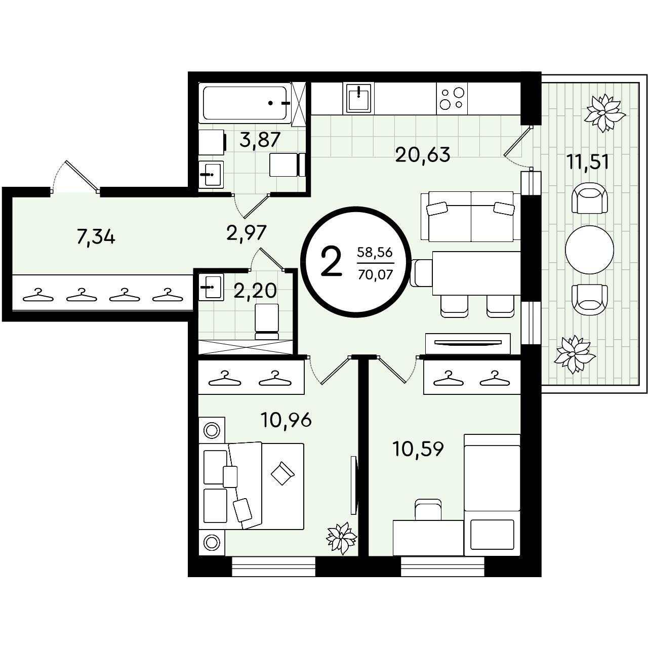 Планировка: Евротрешка 70.1 м² в ЖК Зеленые аллеи, Новорощинский