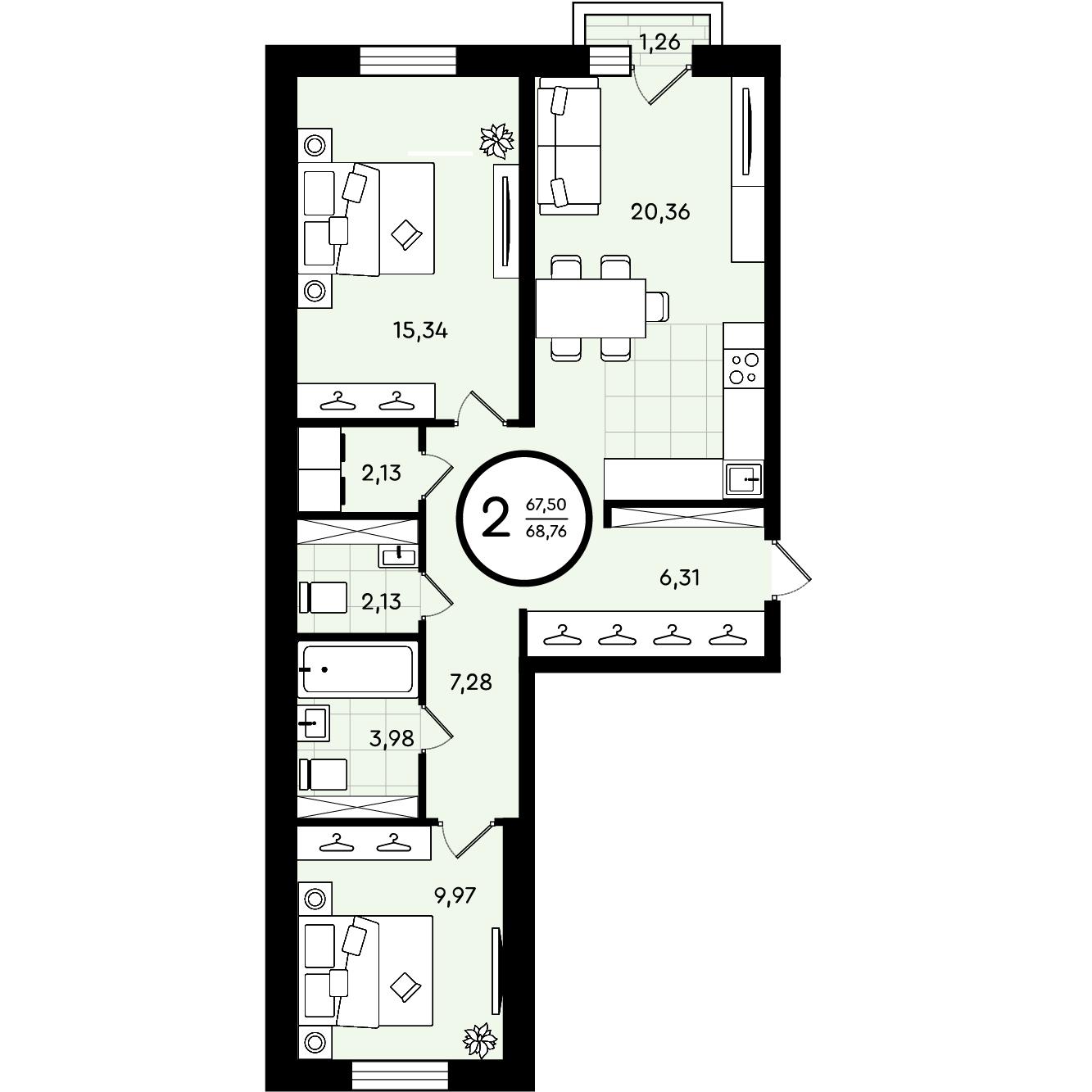 Планировка: Евротрешка 68.8 м² в ЖК Зеленые аллеи, Новорощинский
