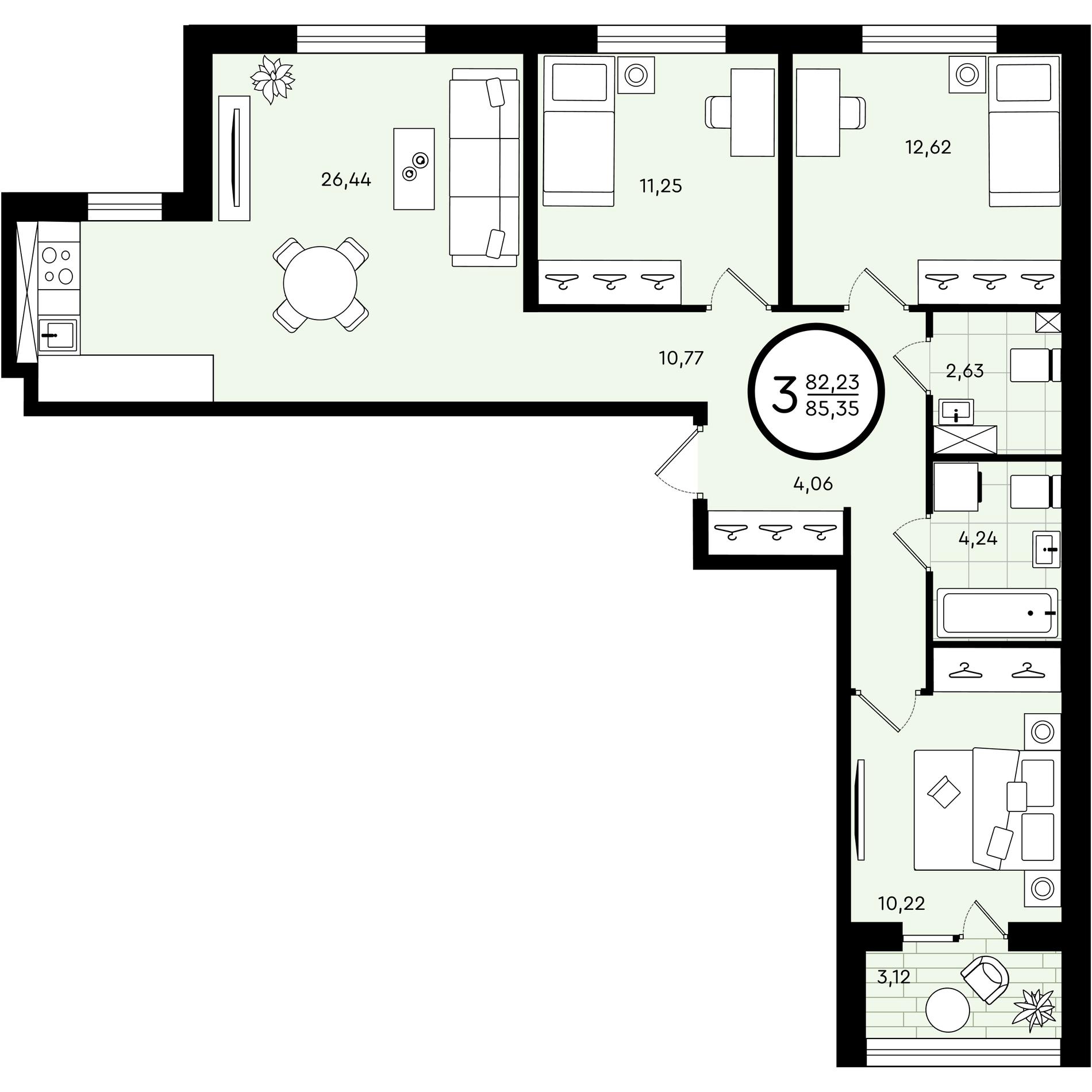 Планировка: 4-комнатная евро 85.3 м² в ЖК Зеленые аллеи, Новорощинский