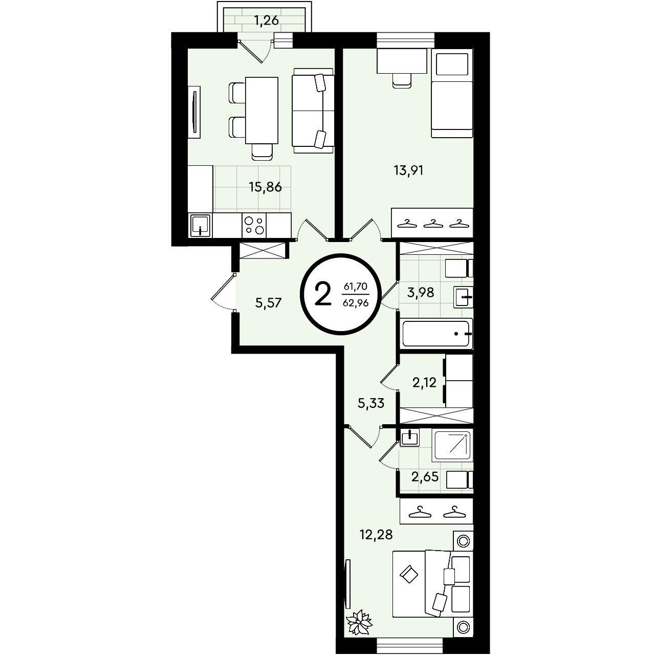Планировка: Евротрешка 63 м² в ЖК Зеленые аллеи, Новорощинский