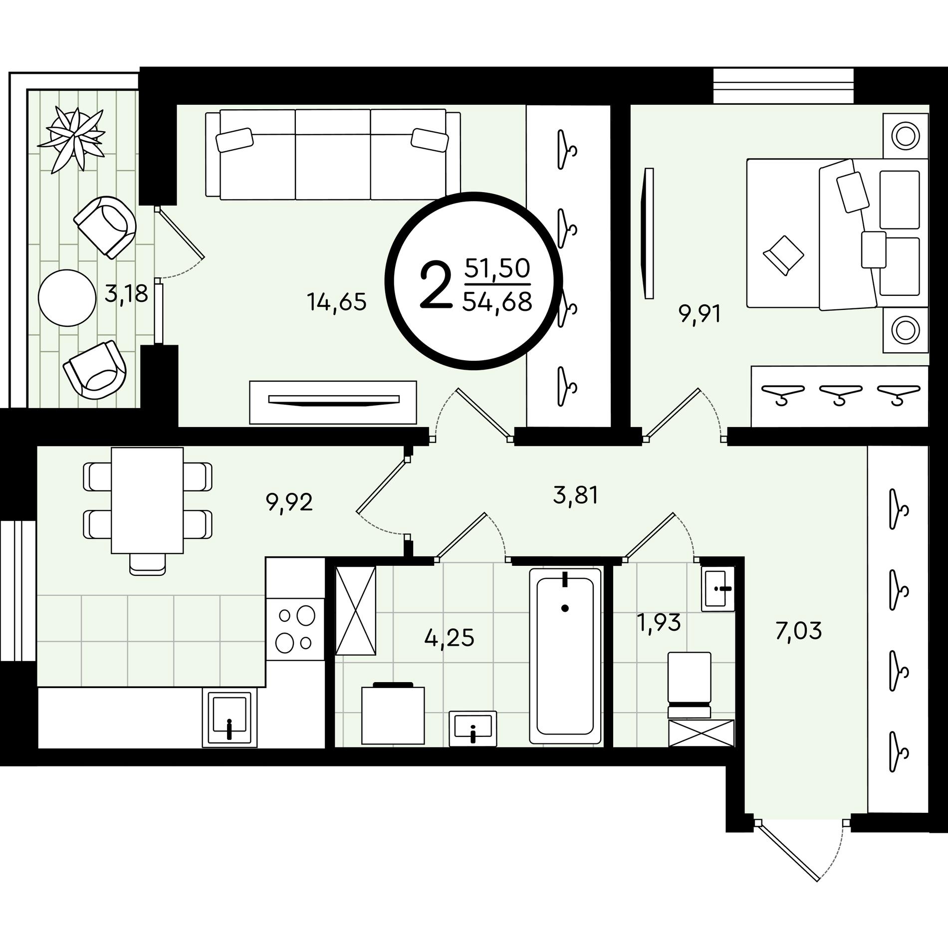 Планировка: 2-комнатная 54.7 м² в ЖК Зеленые аллеи, Новорощинский