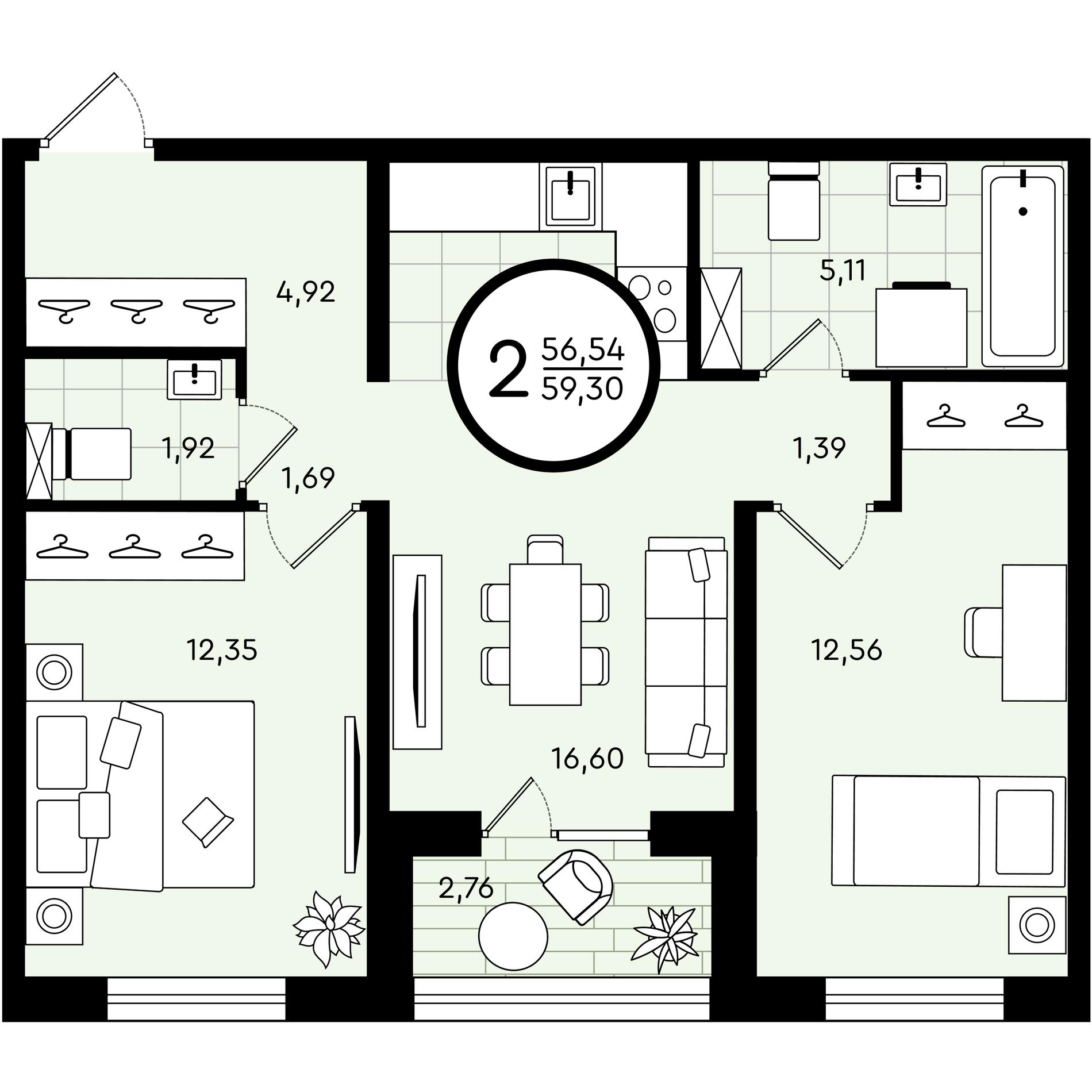 Планировка: Евротрешка 59.3 м² в ЖК Зеленые аллеи, Новорощинский
