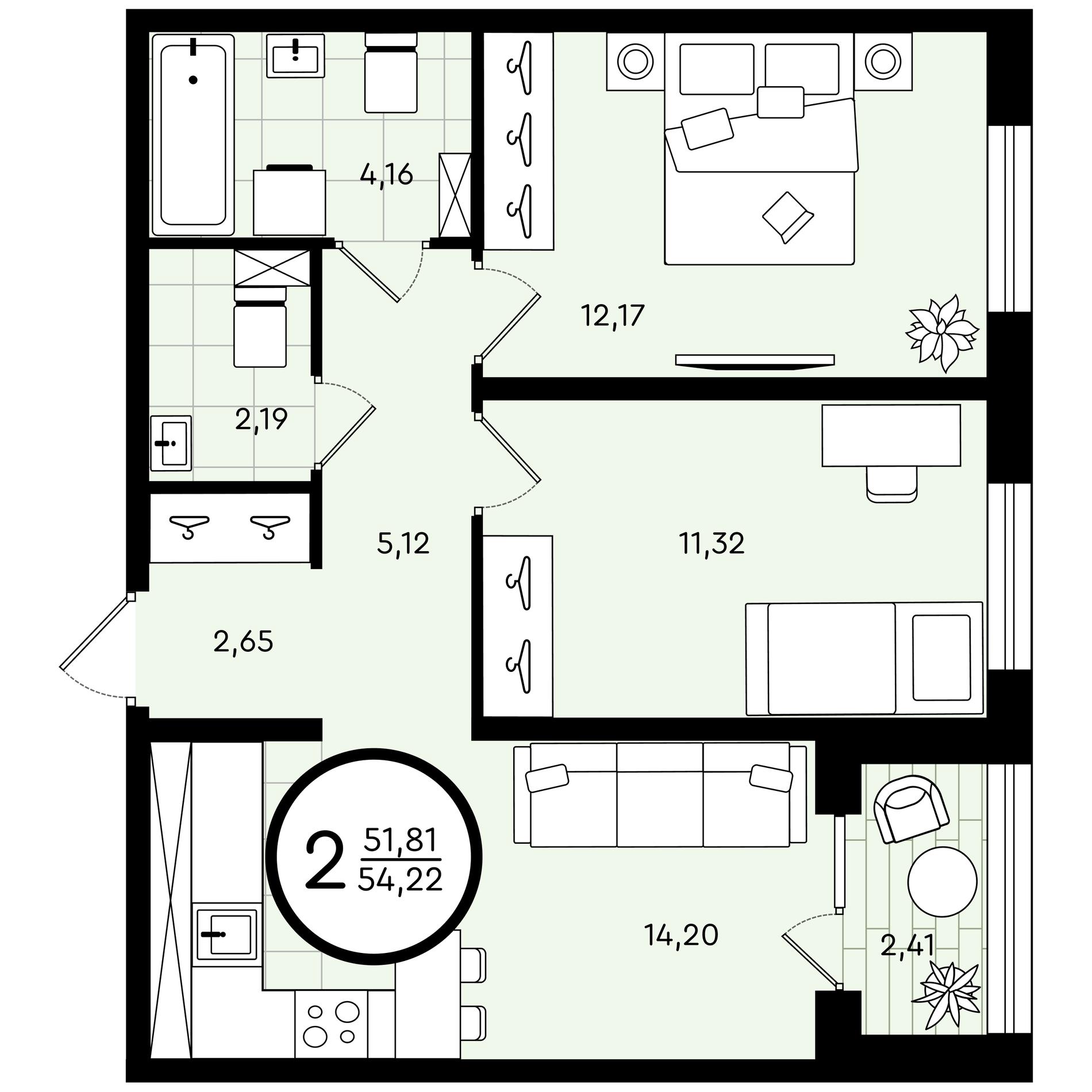 Планировка: Евротрешка 54.2 м² в ЖК Зеленые аллеи, Новорощинский