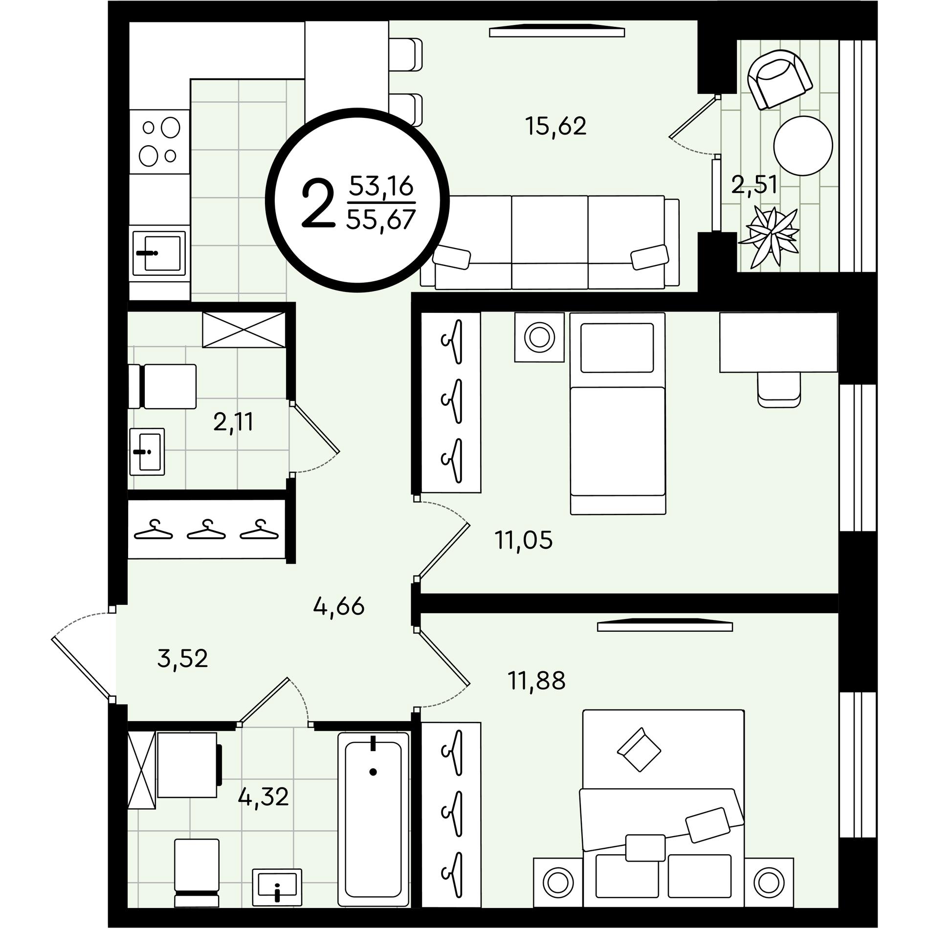 Планировка: Евротрешка 55.7 м² в ЖК Зеленые аллеи, Новорощинский