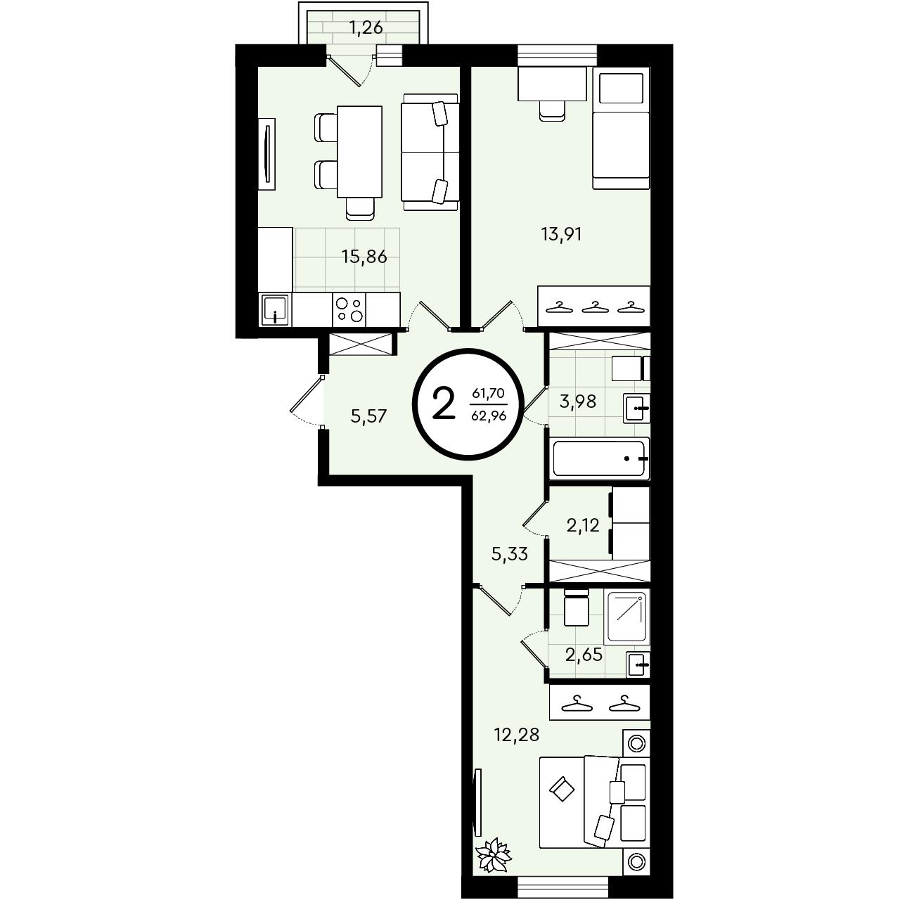 Планировка: Евротрешка 63 м² в ЖК Зеленые аллеи, Новорощинский