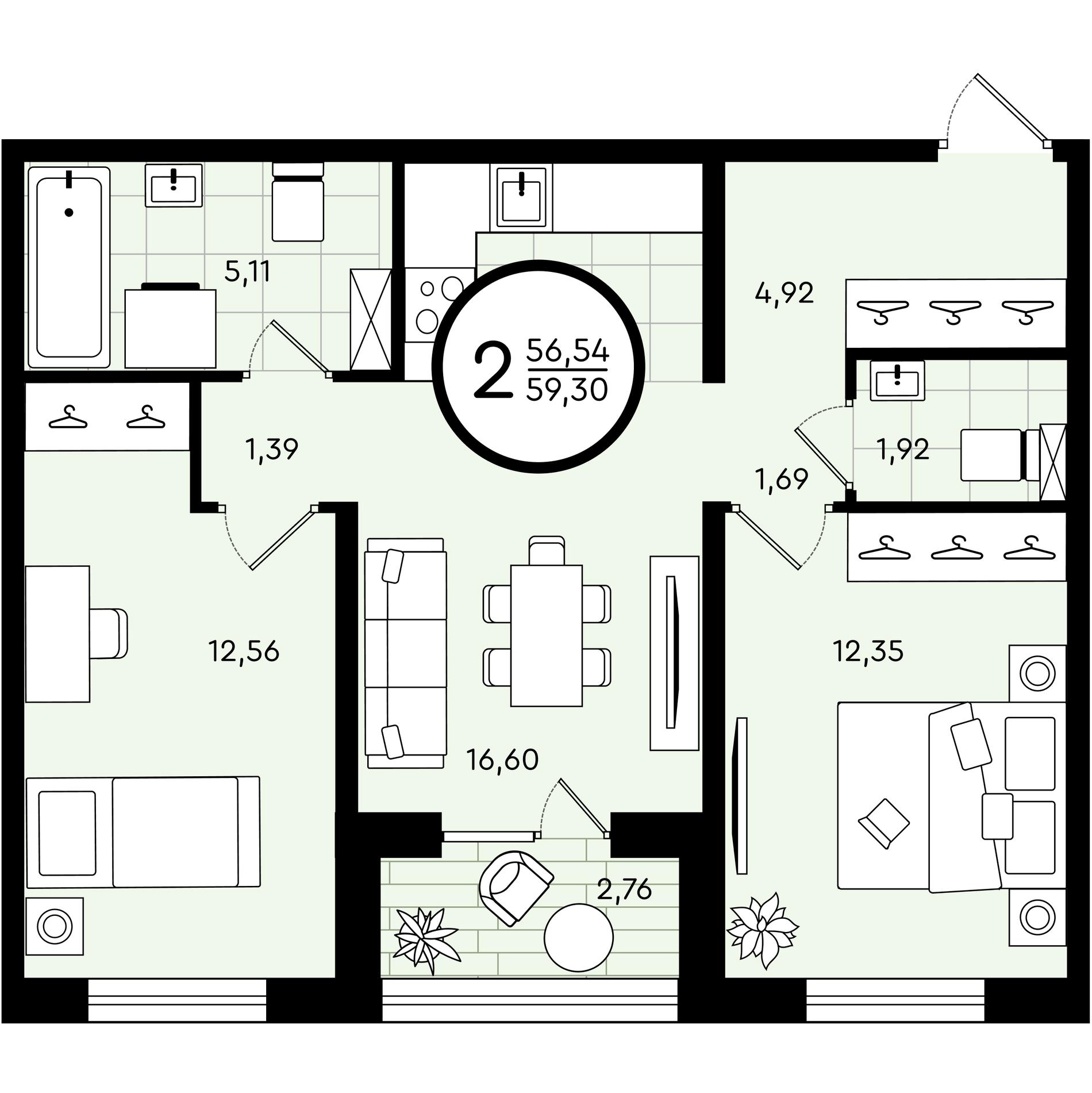 Планировка: Евротрешка 59.3 м² в ЖК Зеленые аллеи, Новорощинский