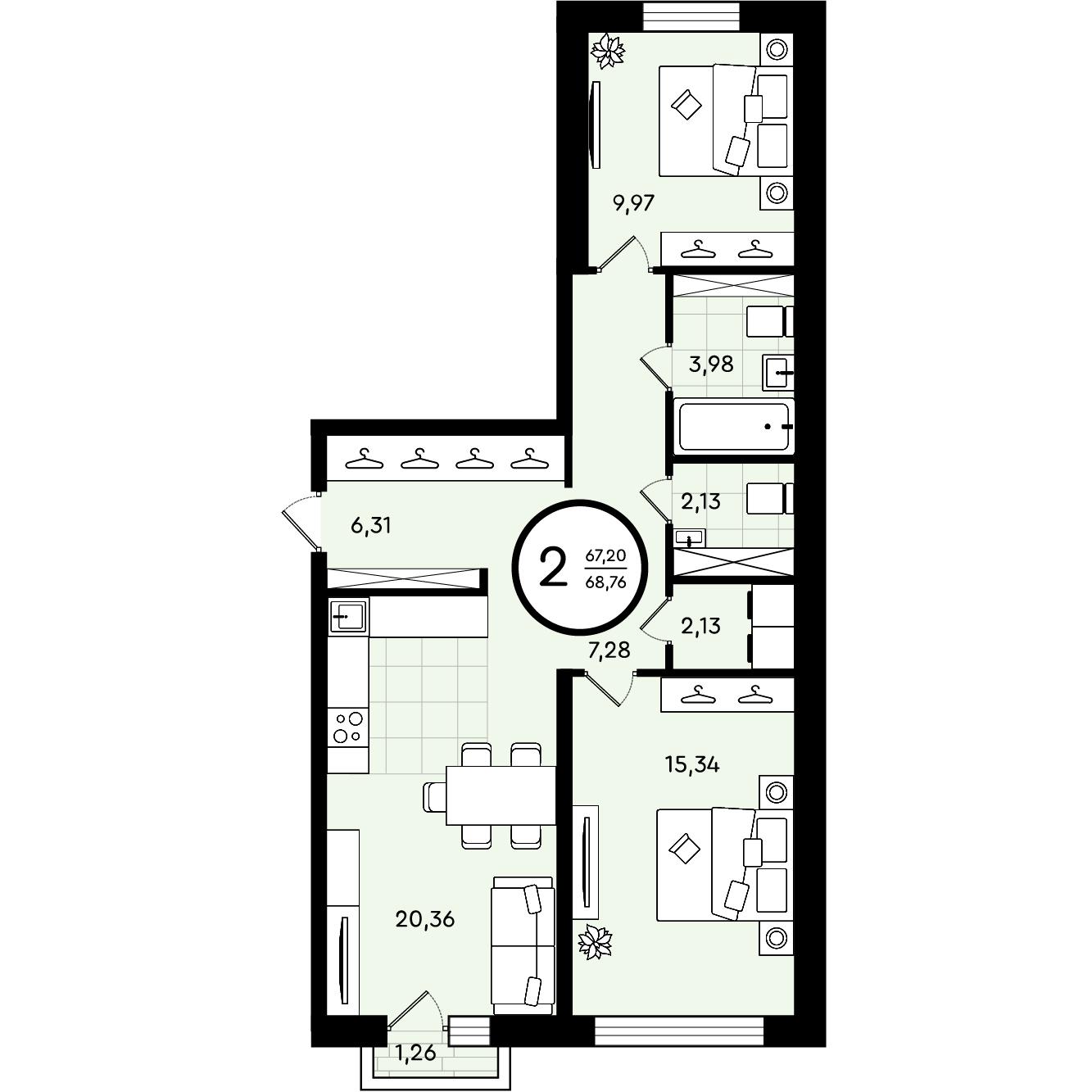 Планировка: Евротрешка 68.8 м² в ЖК Зеленые аллеи, Новорощинский