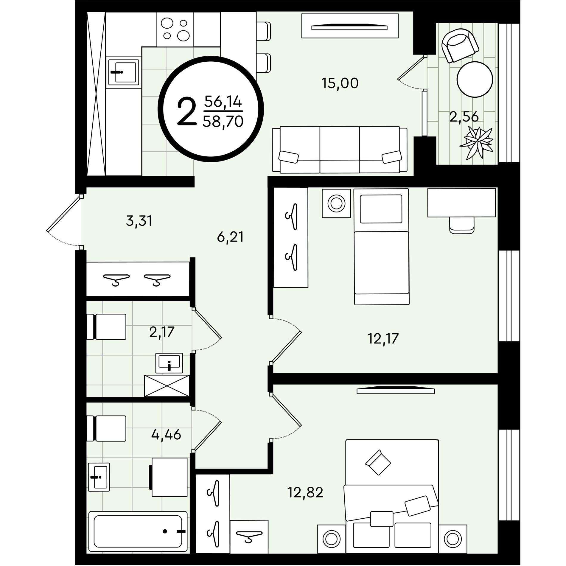 Планировка: Евротрешка 58.7 м² в ЖК Зеленые аллеи, Новорощинский