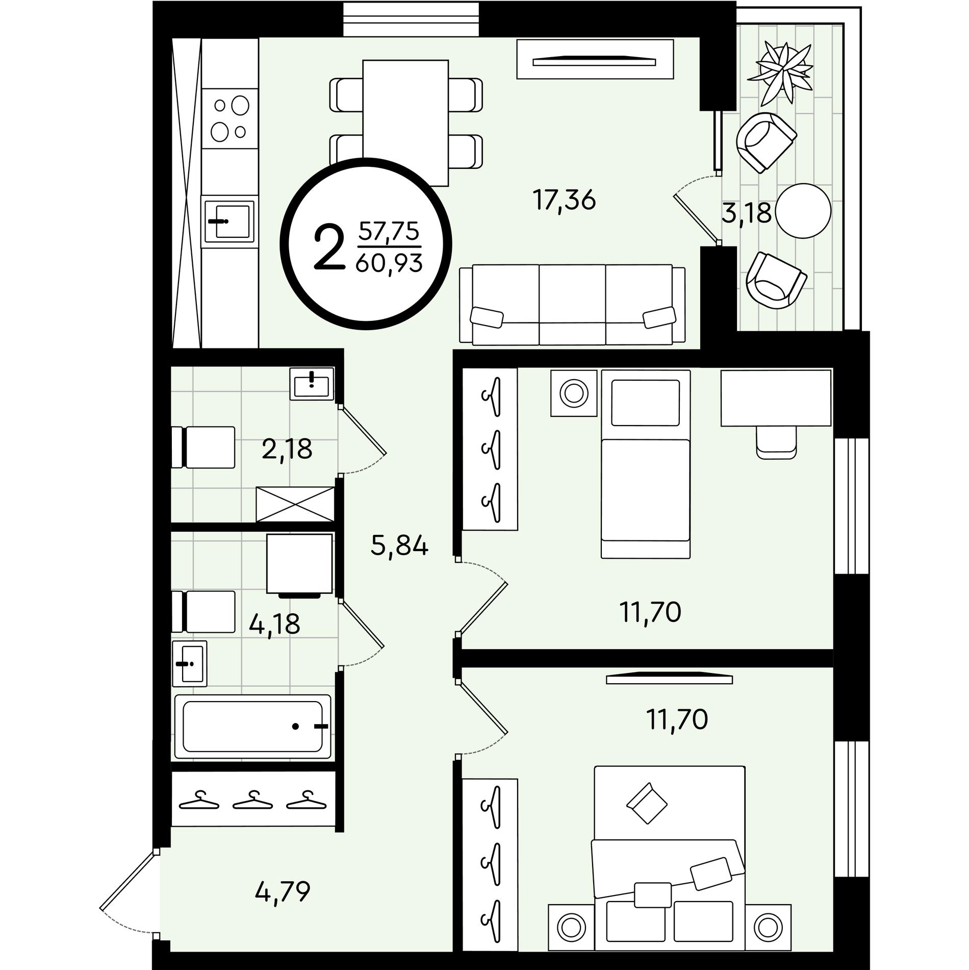 Планировка: Евротрешка 60.9 м² в ЖК Зеленые аллеи, Новорощинский
