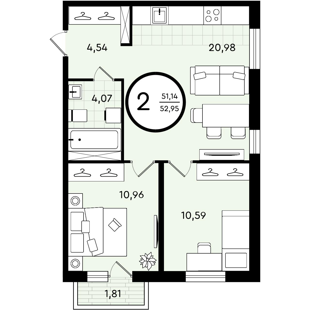 Планировка: Евротрешка 53 м² в ЖК Зеленые аллеи, Новорощинский