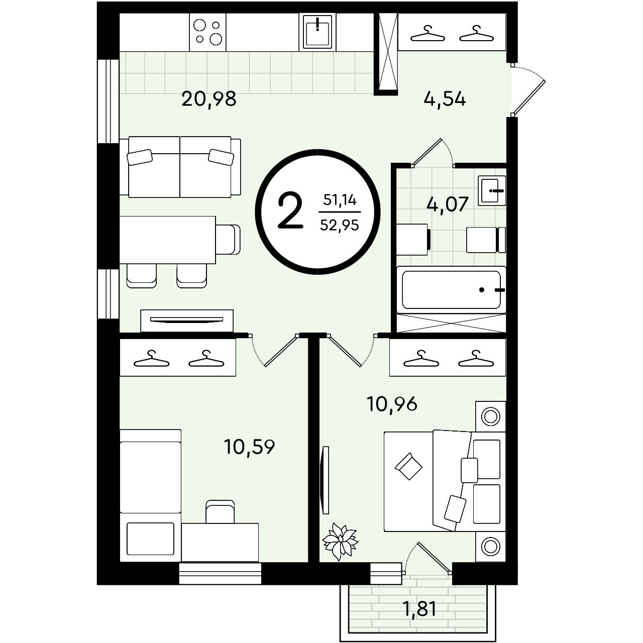 Планировка: Евротрешка 53 м² в ЖК Зеленые аллеи, Новорощинский