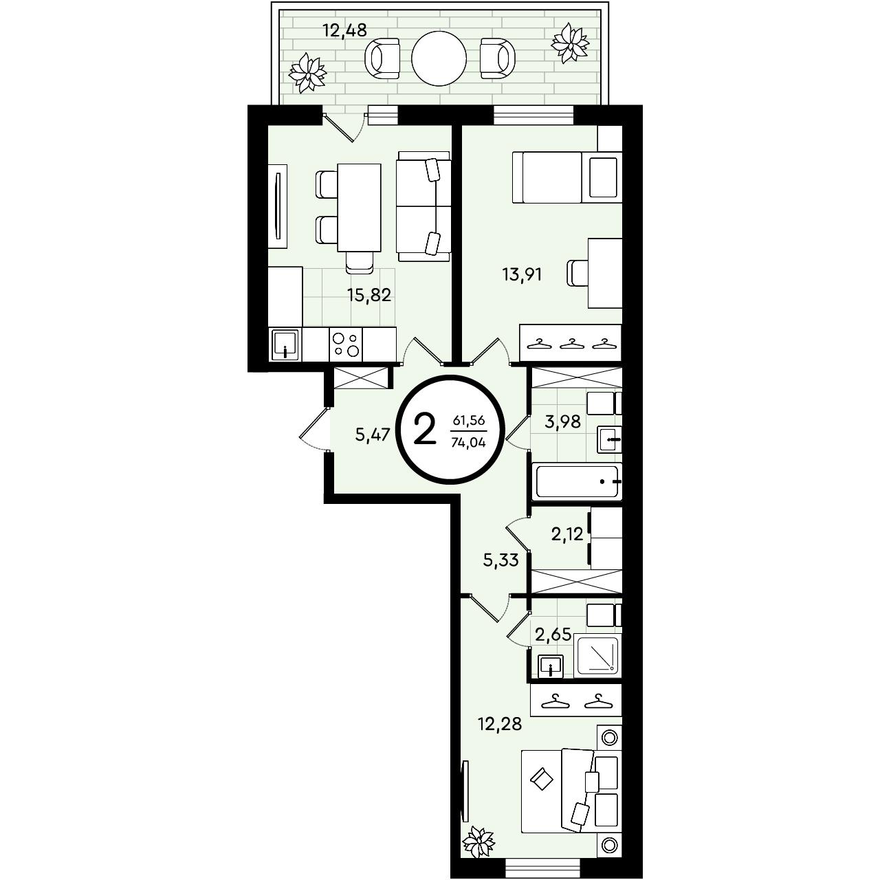 Планировка: Евротрешка 74 м² в ЖК Зеленые аллеи, Новорощинский