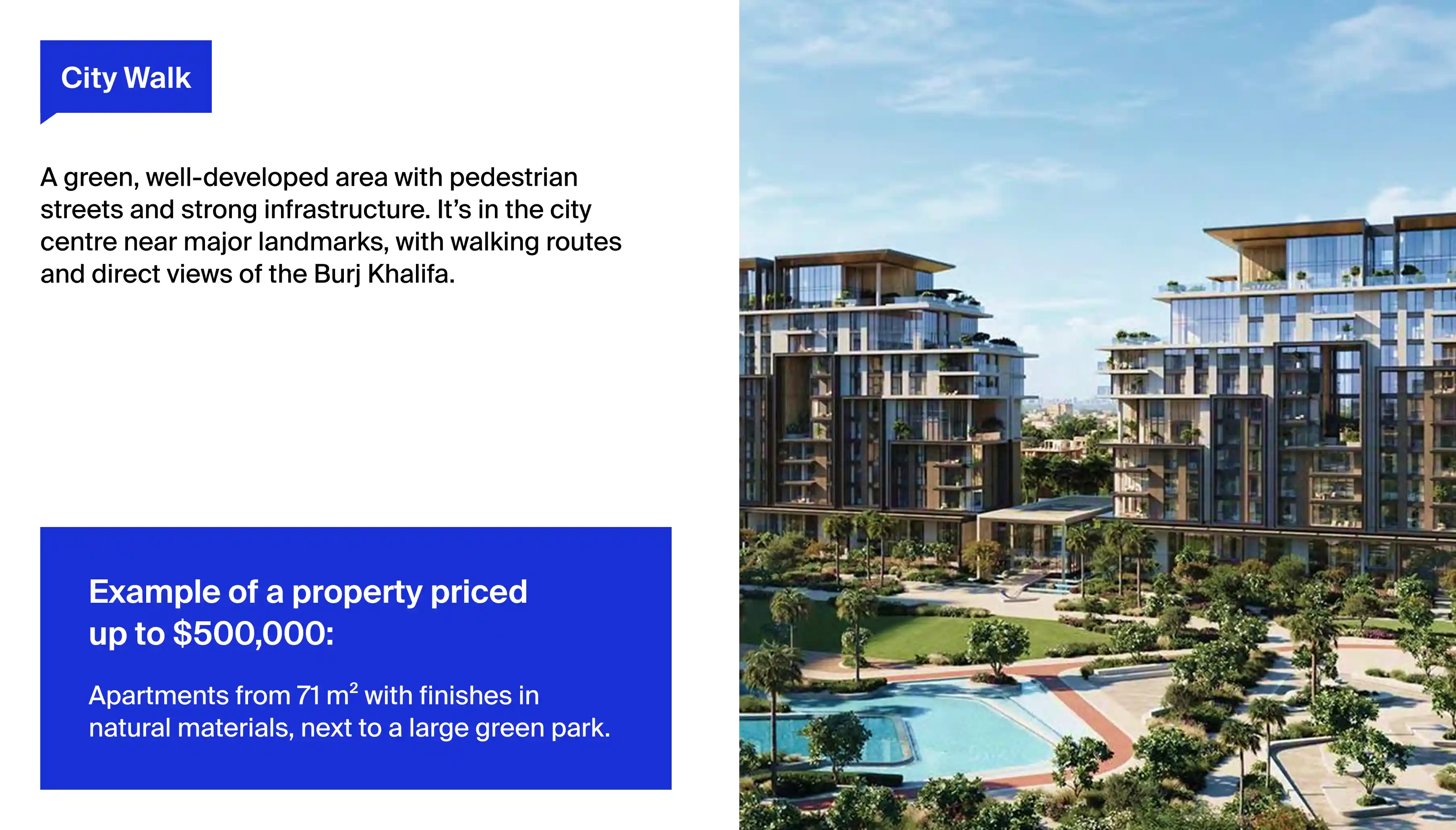 Neginski's top picks for owner-occupiers: Dubai Creek Harbour, Dubai Hills, and City Walk