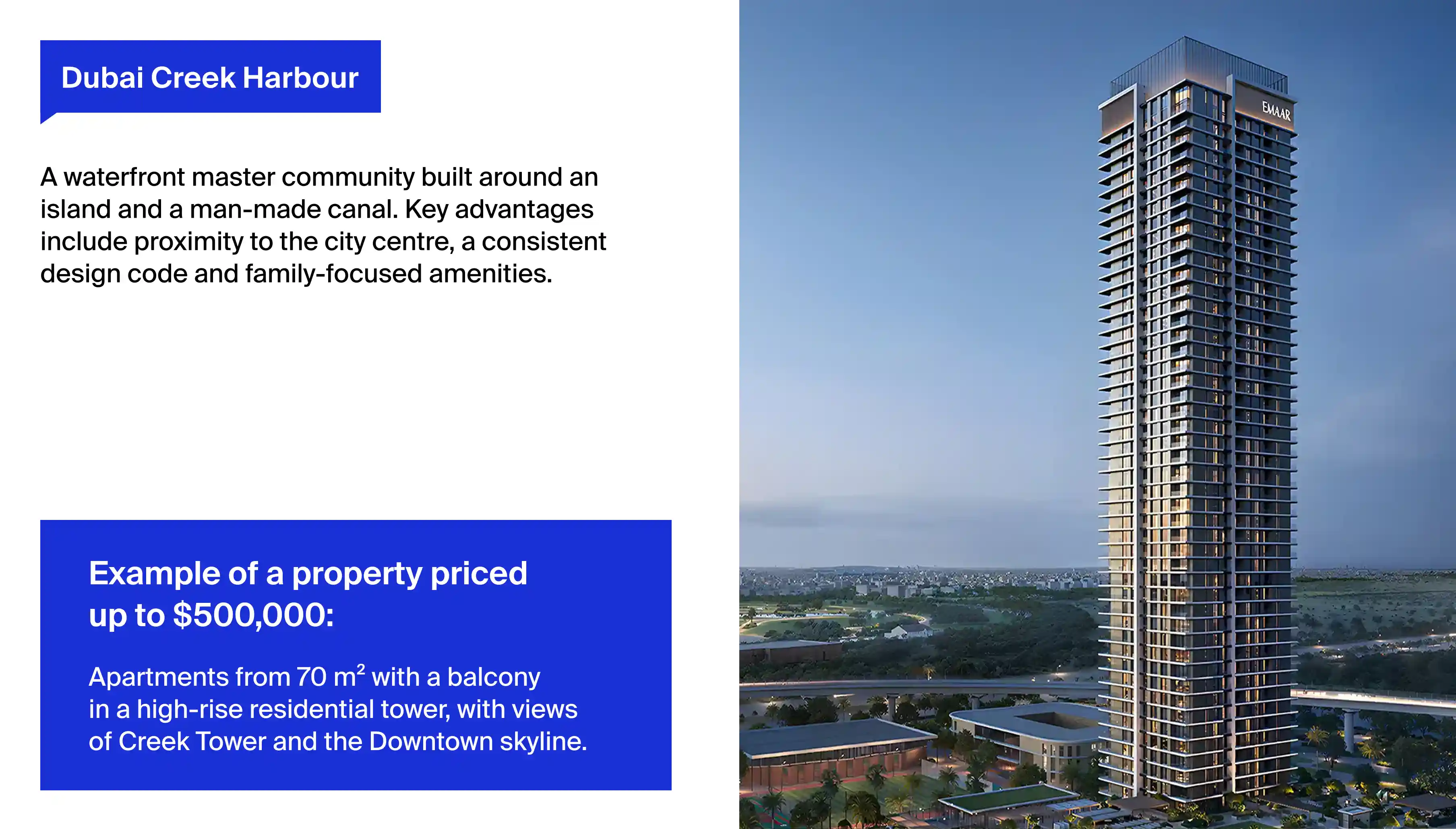 Neginski's top picks for owner-occupiers: Dubai Creek Harbour, Dubai Hills, and City Walk