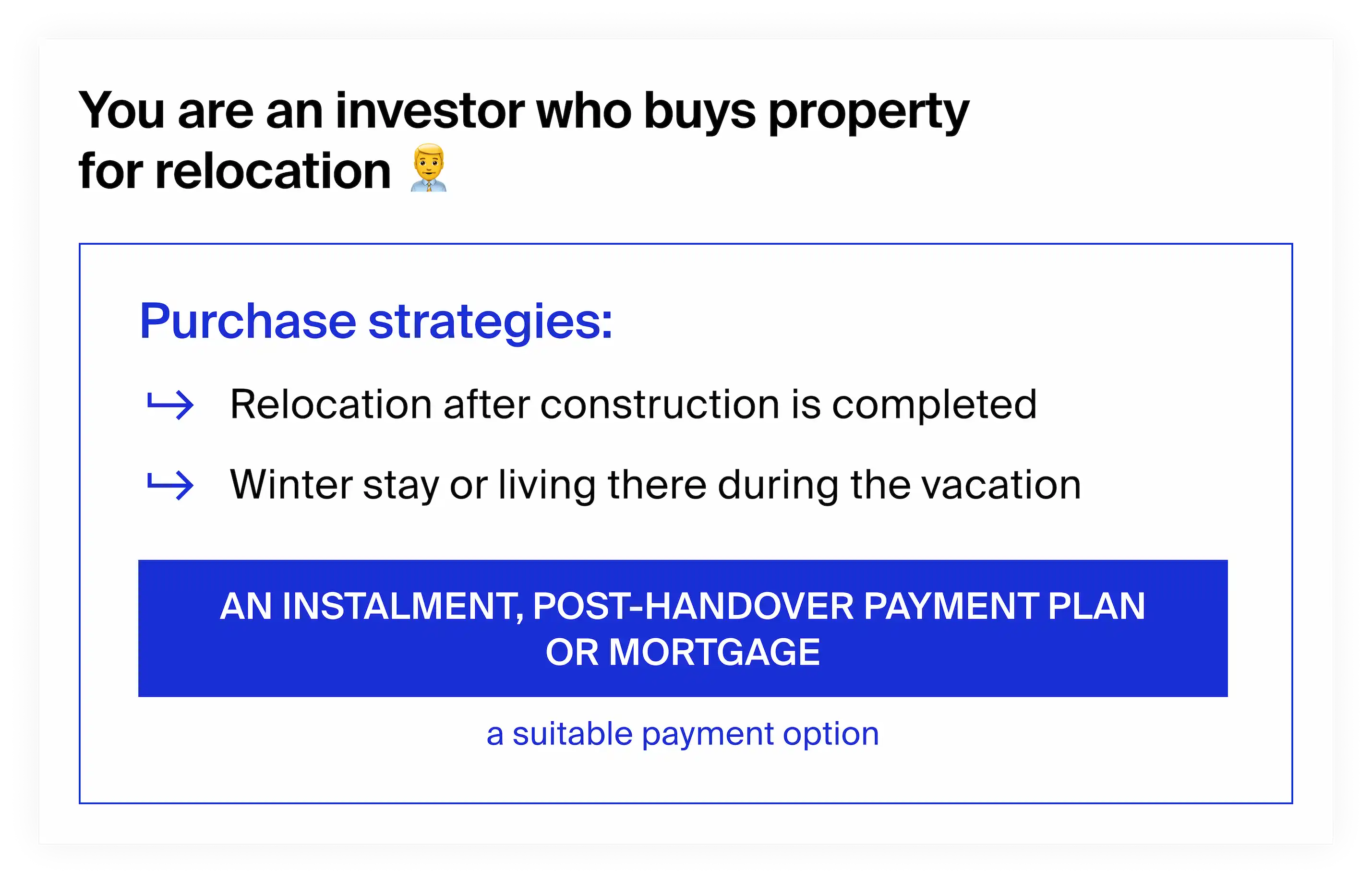 Who a post-handover payment plan, developer payment plan and a mortgage suit