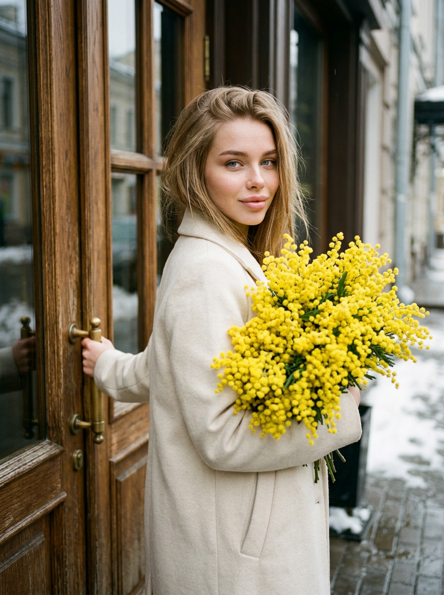 At the entrance to a café with mimosa flowers
