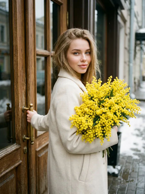 At the entrance to a café with mimosa flowers