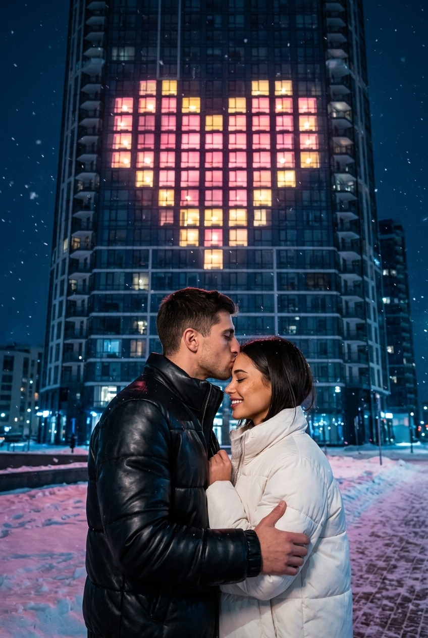На фоне дома с сердцем
