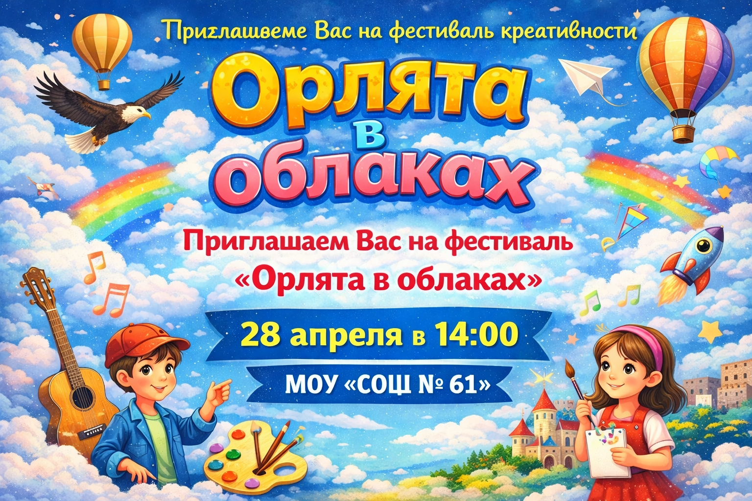 Приглашаем Вас на фестиваль "Орлята в облаках" 28 апреля  в 14:00 МОУ "СОШ № 61"