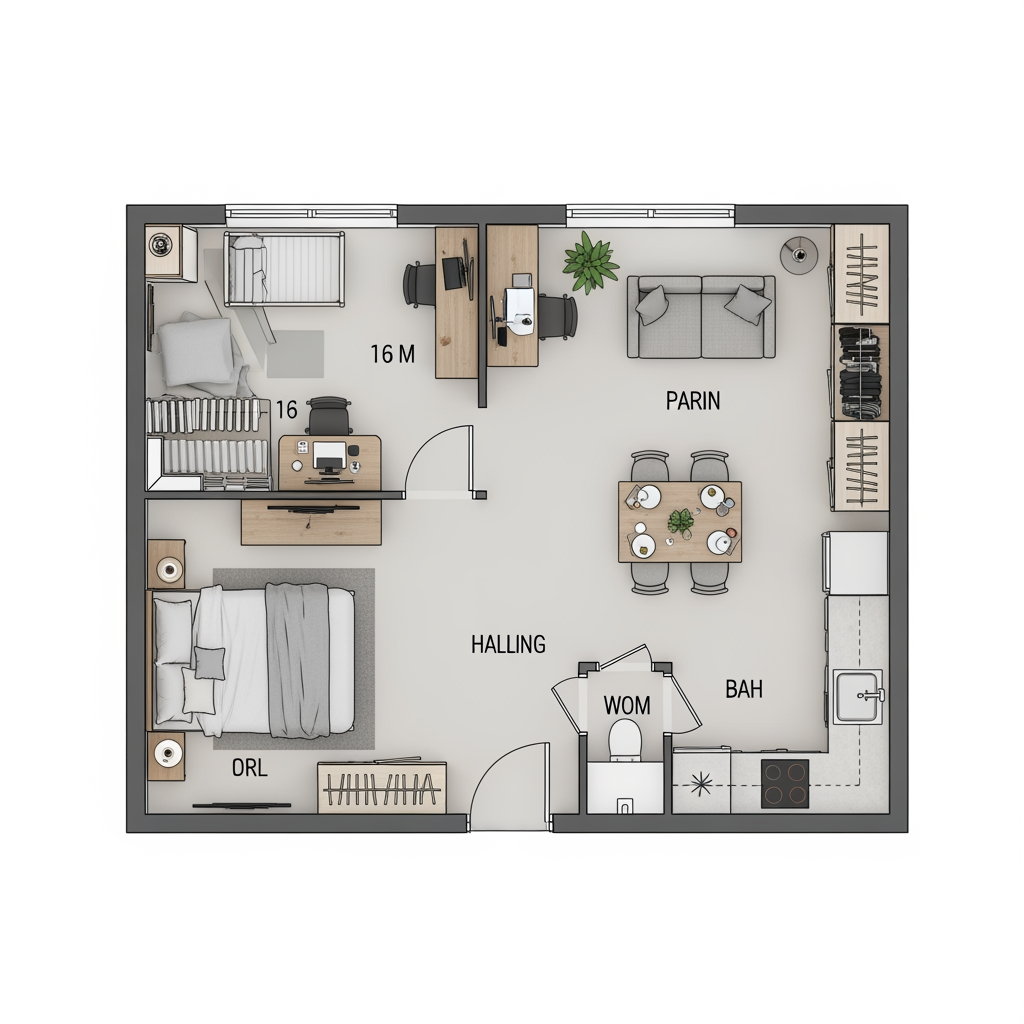 Сгенерируй планировку квартиры 32 кв. метра. Жилая площадь 16 кв. м.
Комната-пря