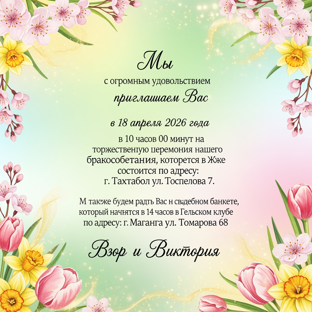 Приглашение на свадьбу, в весеннем формате, в электронном формате, с текстом «
М