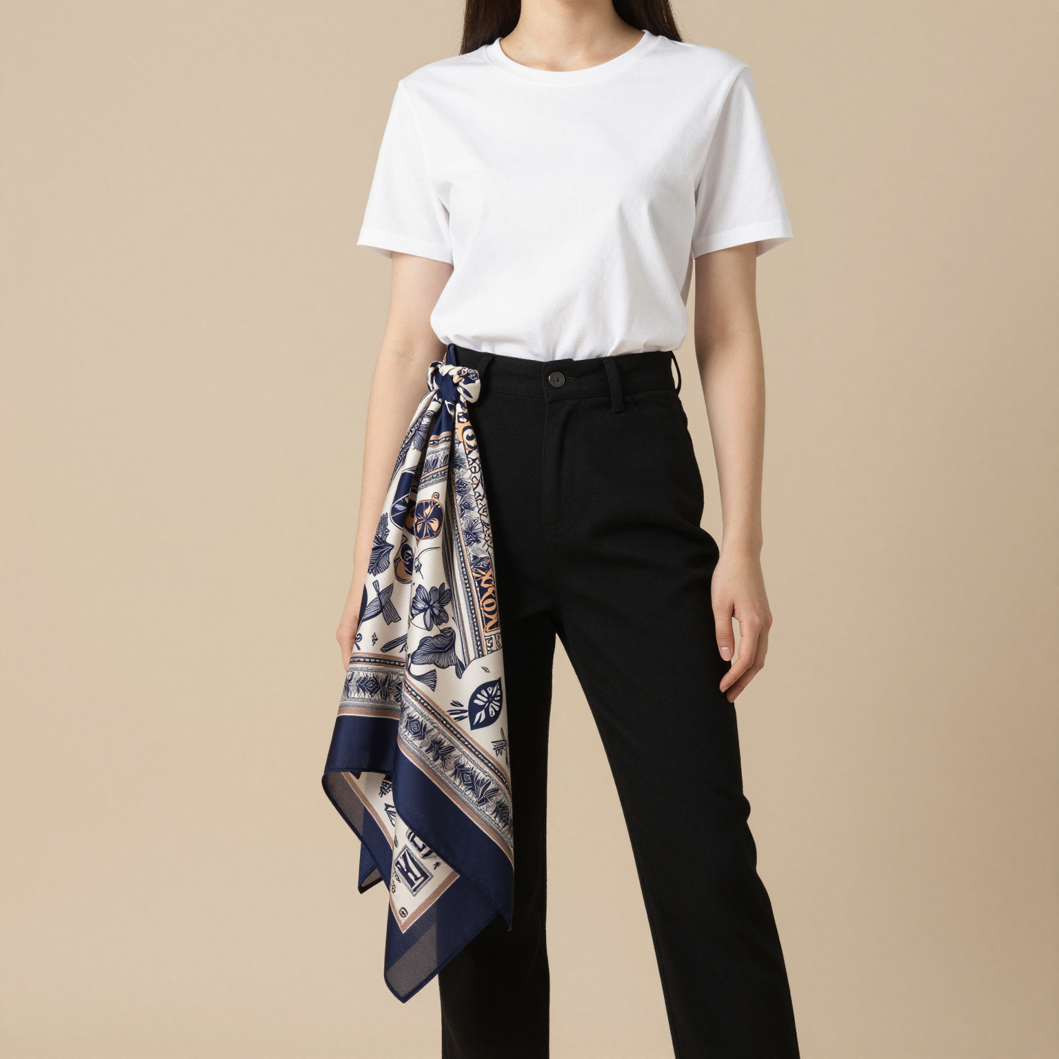 создай картинку женской одежды белый верх черный низ с нашейным брендированным п