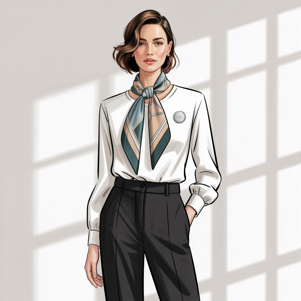 создай картинку женской одежды белый верх черный низ с нашейным брендированным п