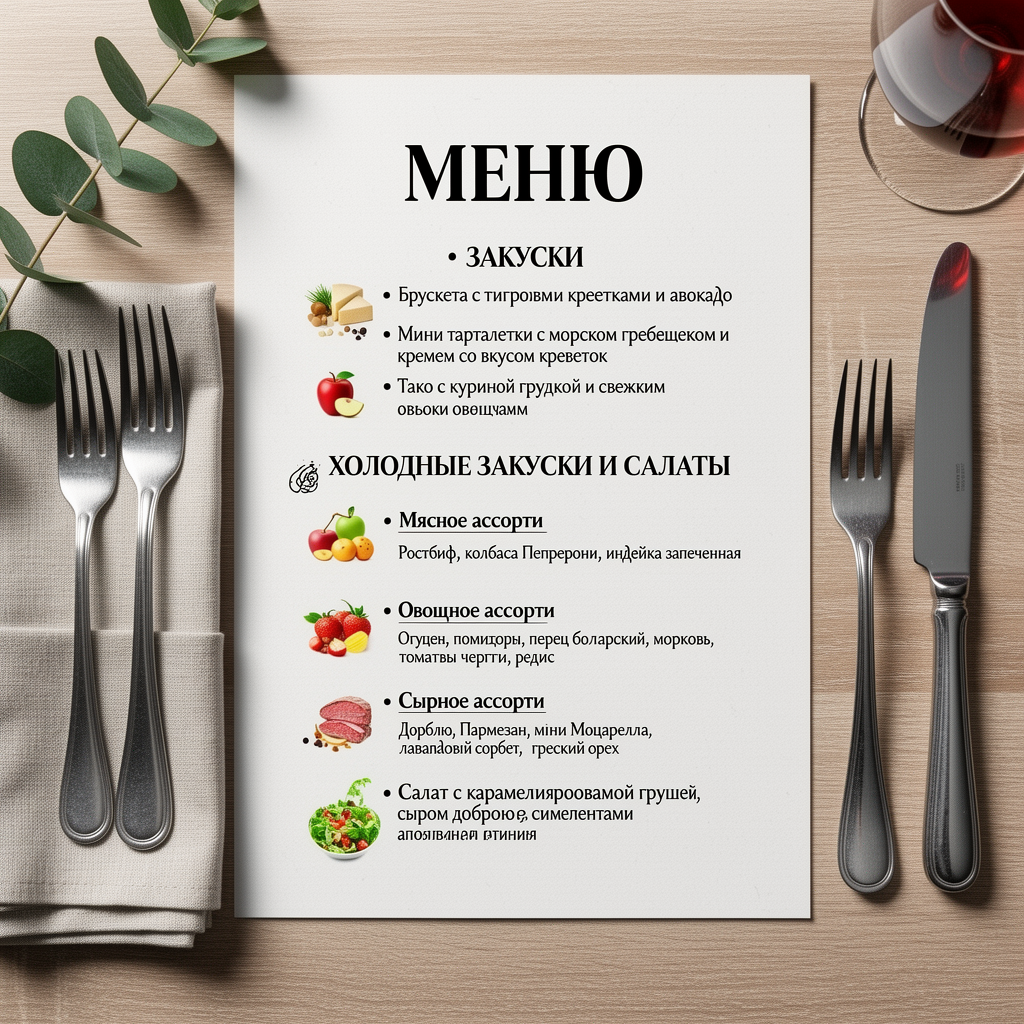 🍽 МЕНЮ 

🍤 ЗАКУСКИ

• Брускета с тигровыми креветками и авокадо
• Мини тартале