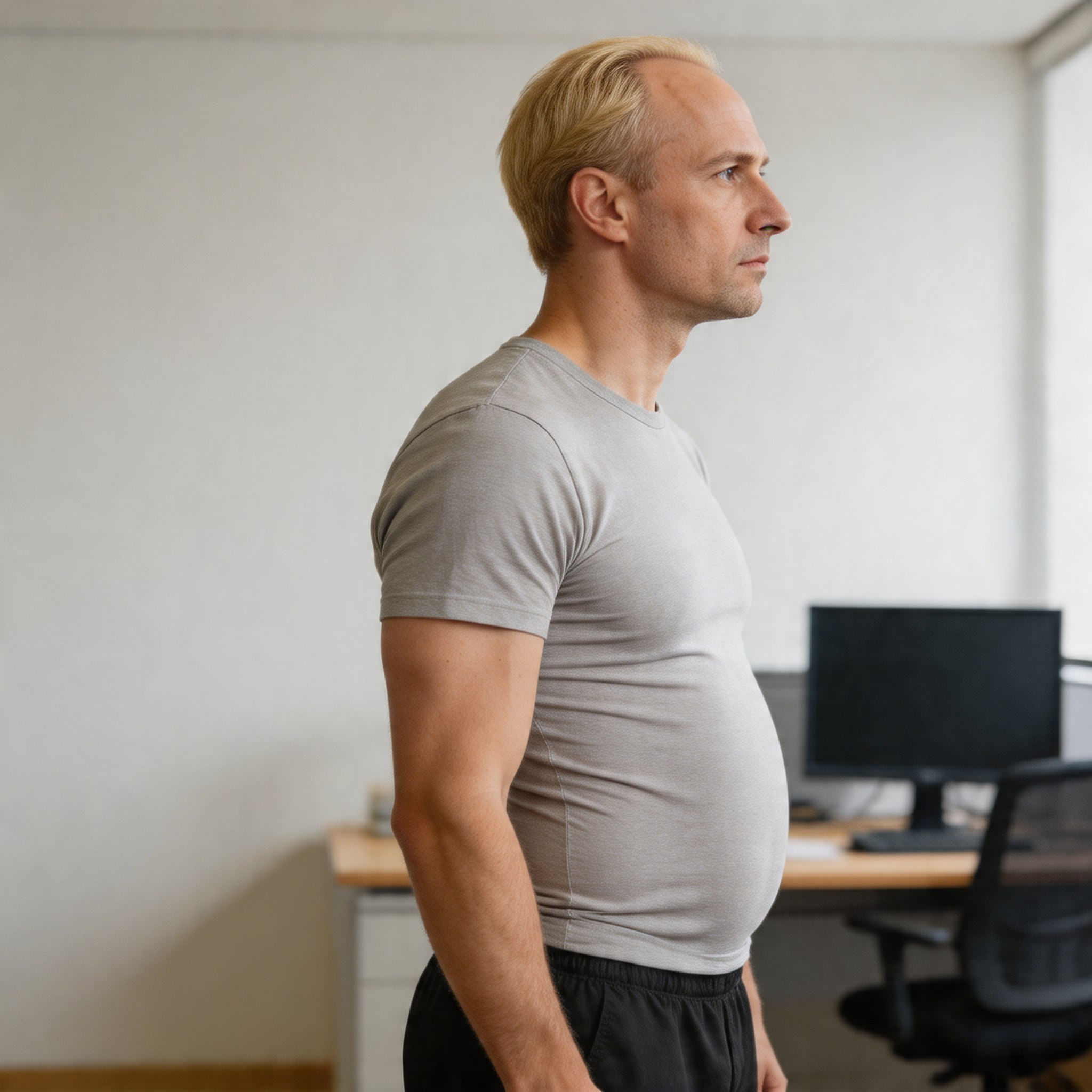 создай фото мужчины сбоку у которого голова выдвинута вперед относительно линии 