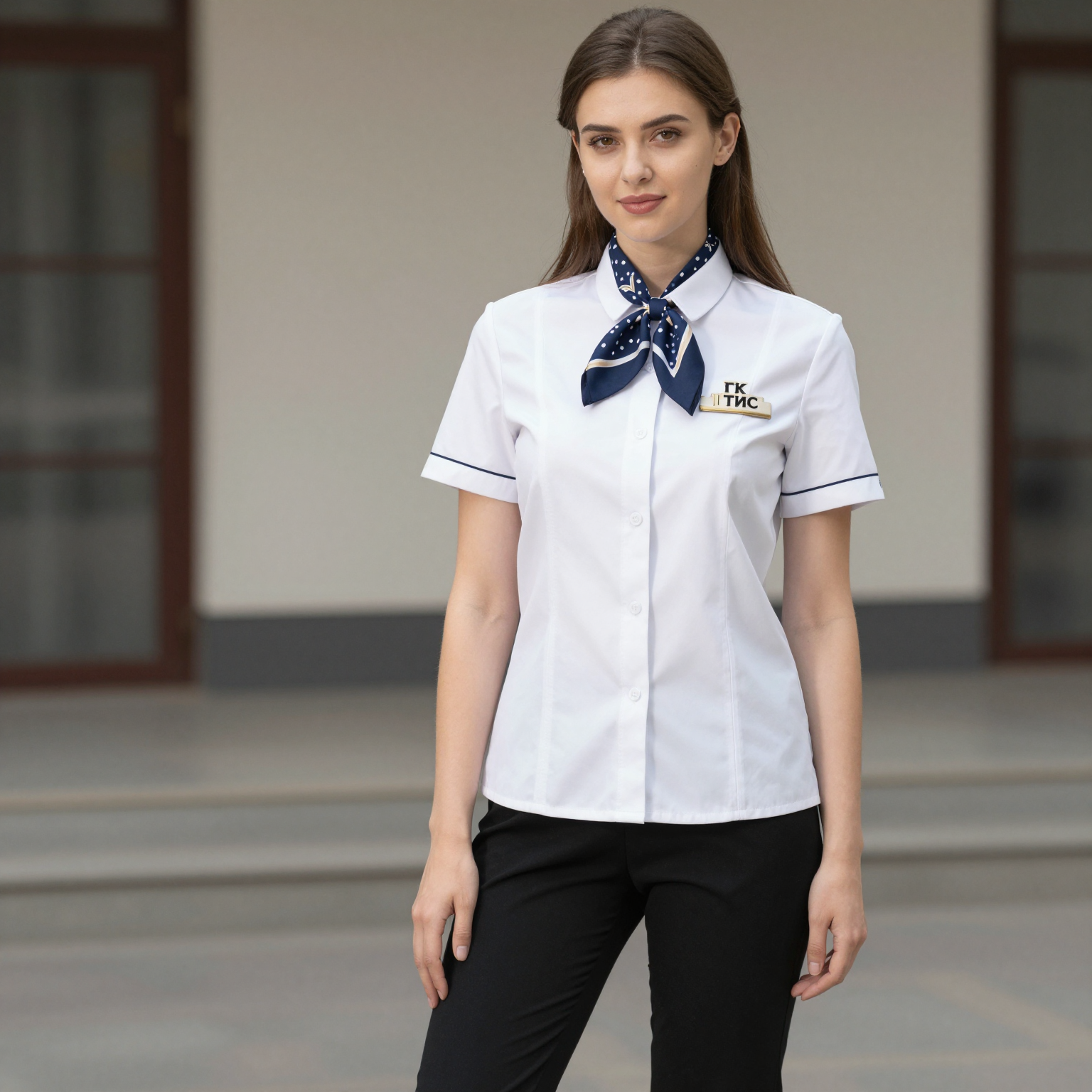 униформа на девушке белый верх черный низ и на шее повязан платок брендированный