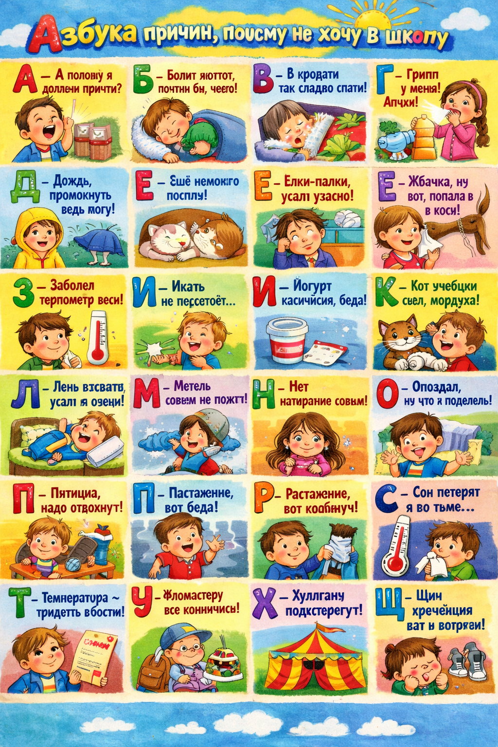 составь шуточный алфавит по причинам не идти на учебу в школу,  сделай по пример