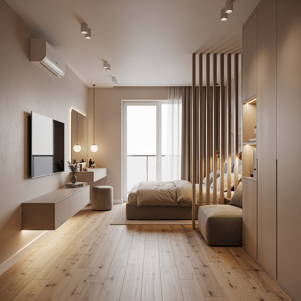 Modern minimalist luxe bedroom interior, 20 square meters, rectangular room 5.6m