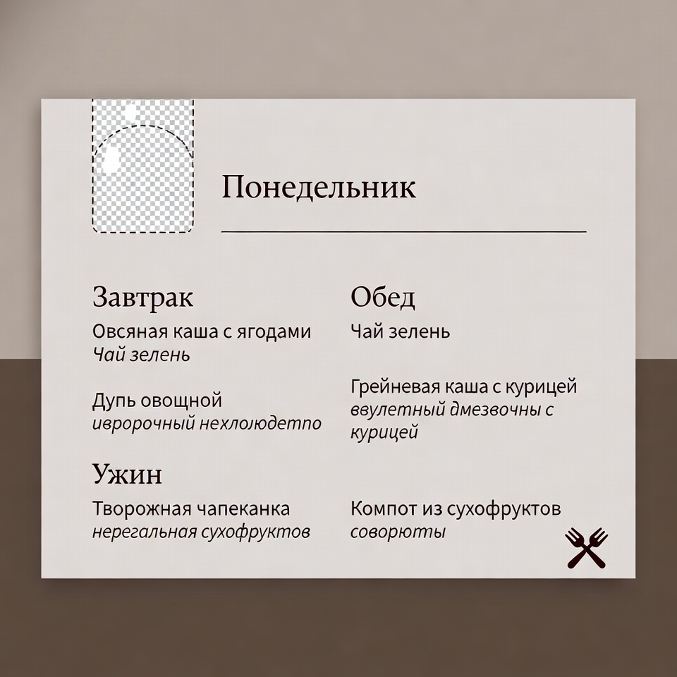 сделай шаблон памятки а5 для нескольких вариантов блюд на день