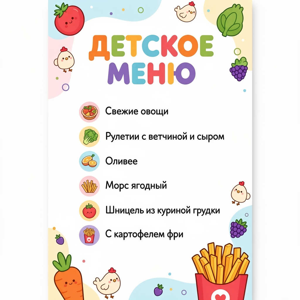 сгенерировать 
ДЕТСКОЕ МЕНЮ
 Свежие овощи 
 Рулетики с ветчиной и сыром 
Оливье 