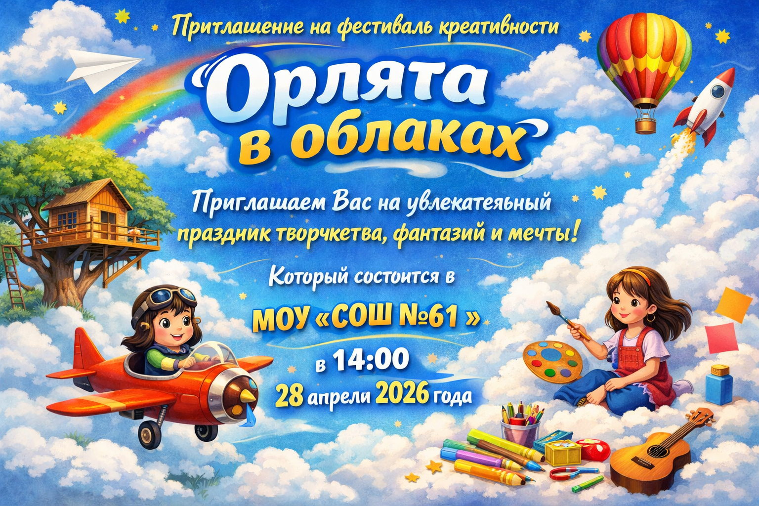 Приглашение на фестиваль креативности
"Орлята в облаках"
Приглашаем Вас на увлек