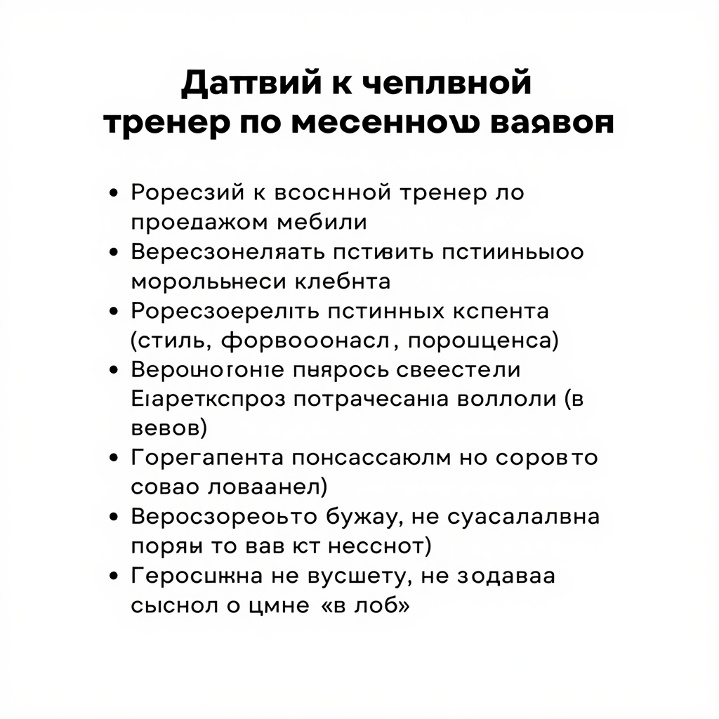 Действуй как профессиональный тренер по продажам мебели. Составь краткий чек-лис