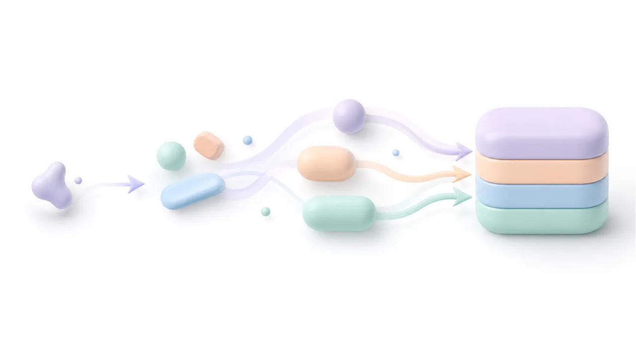 Белая soft 3D инфографика с короткой идеей, плавными связями и готовым смысловым фрагментом без текста