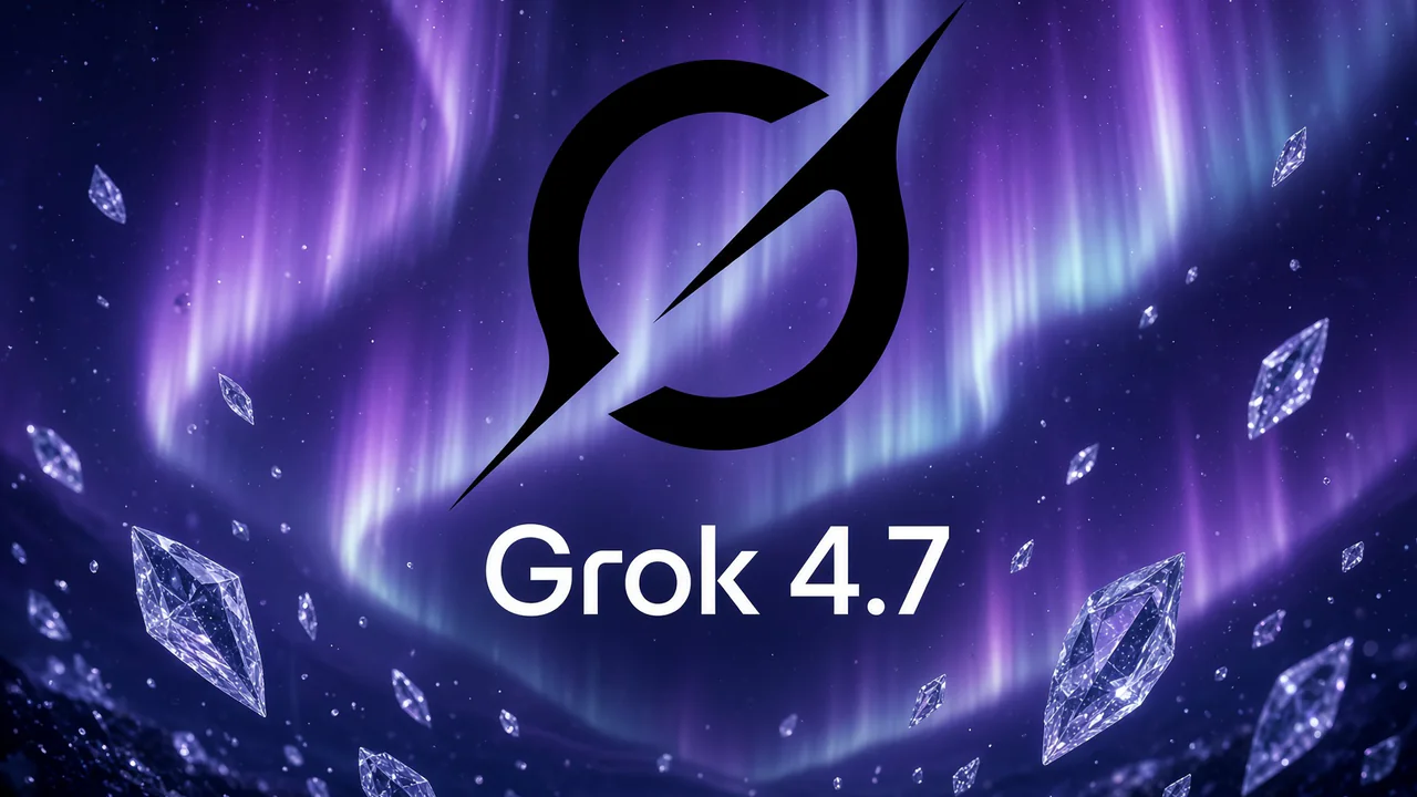 Grok 4.7 с логотипом xAI на тёмном фоне с северным сиянием