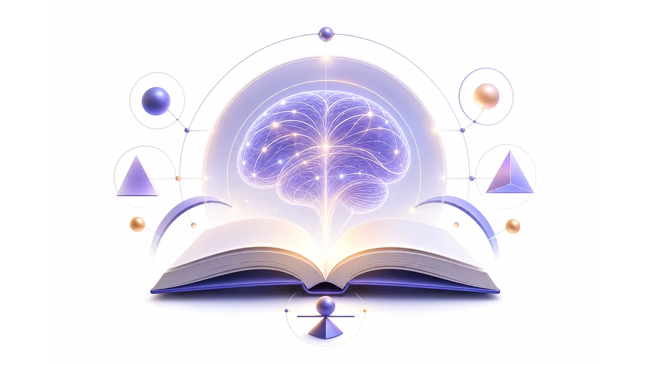 Белая 3D инфографика с книгой, абстрактным разумом и цепочкой философских аргументов без текста