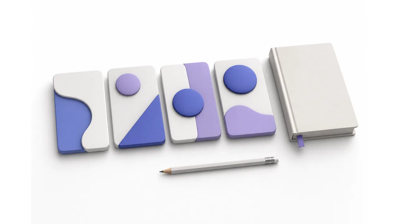 Белая 3D сцена с книгой, карандашом и абстрактными карточками плана философского эссе без слов