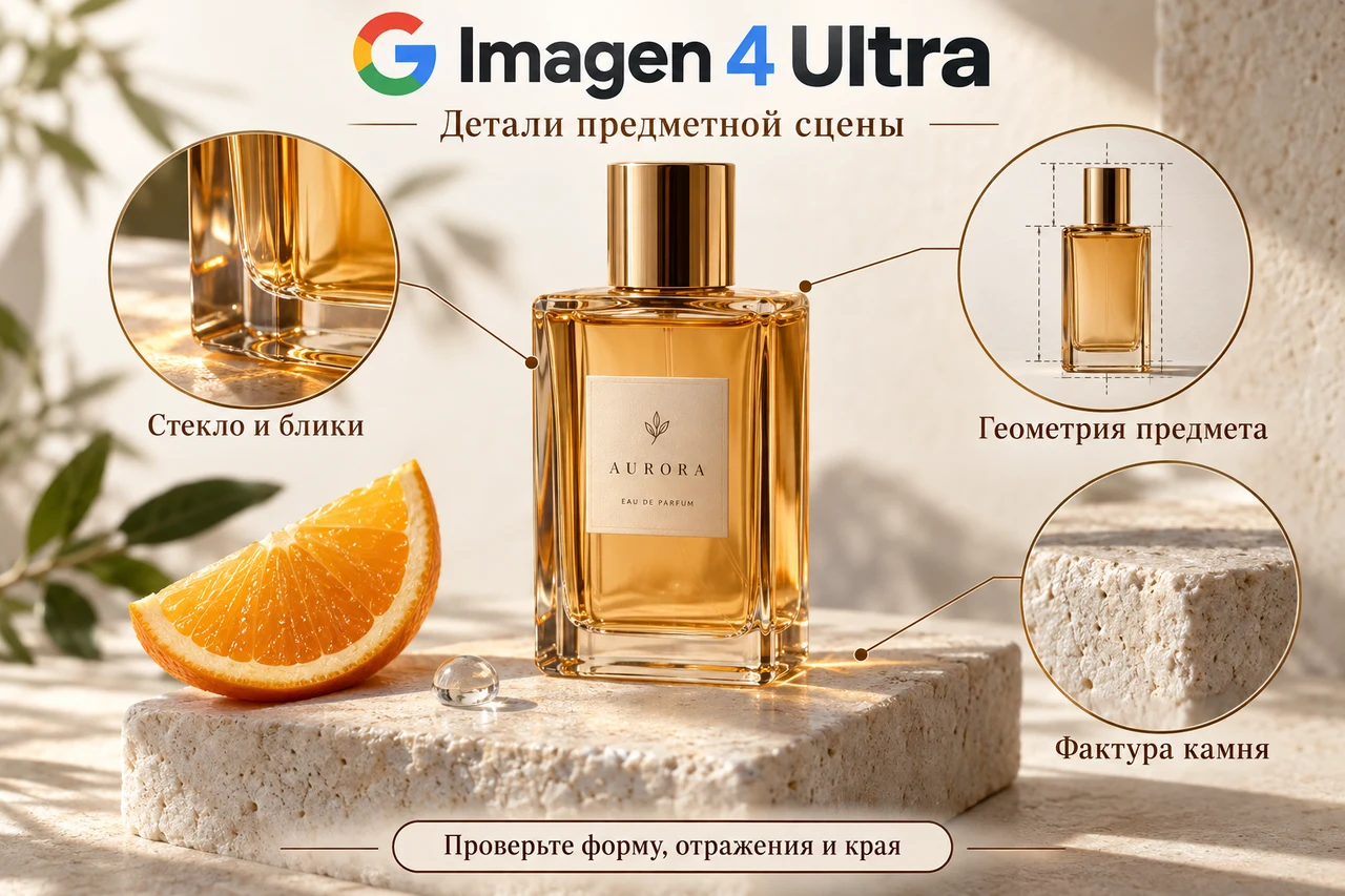 Imagen 4 Ultra — стекло и блики, фактура камня и геометрия предмета