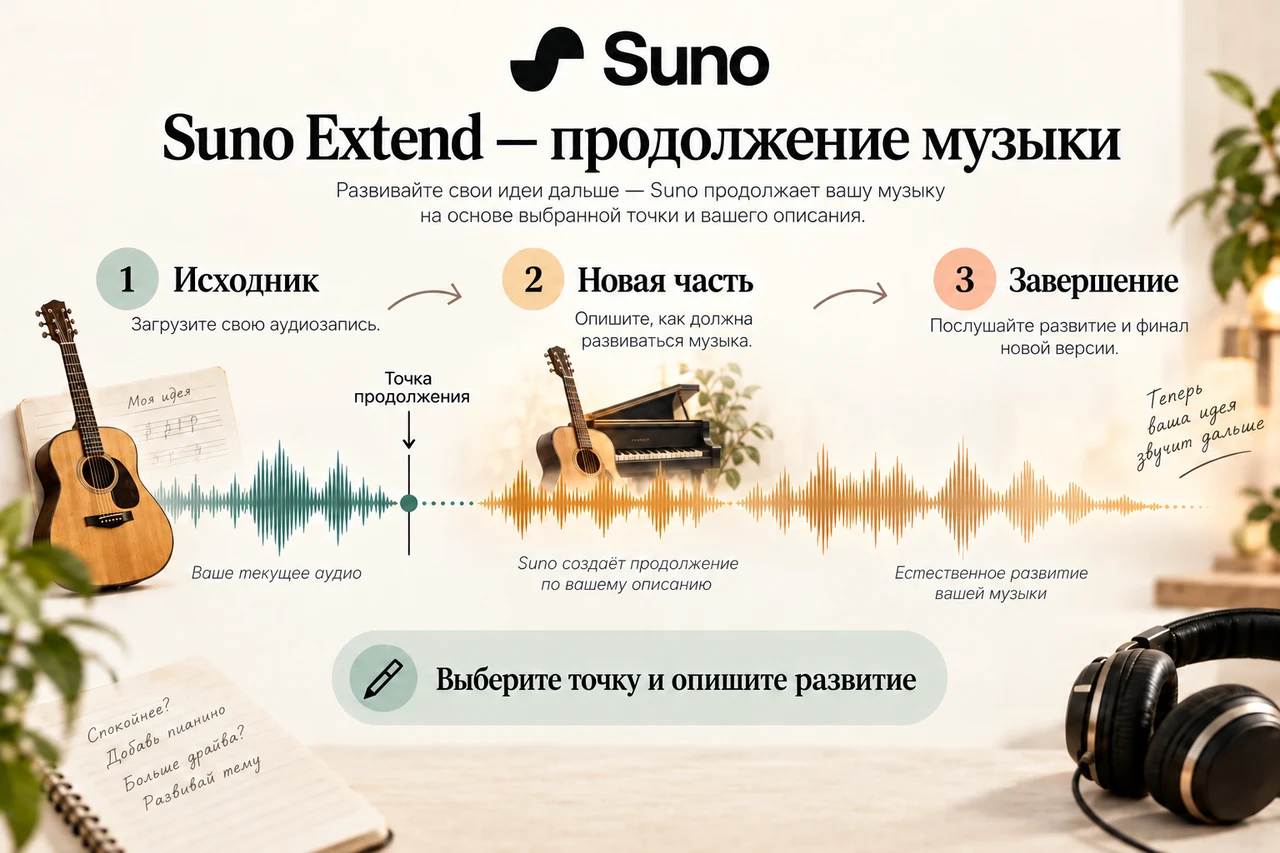 Suno Extend — точка продолжения, развитие и финал