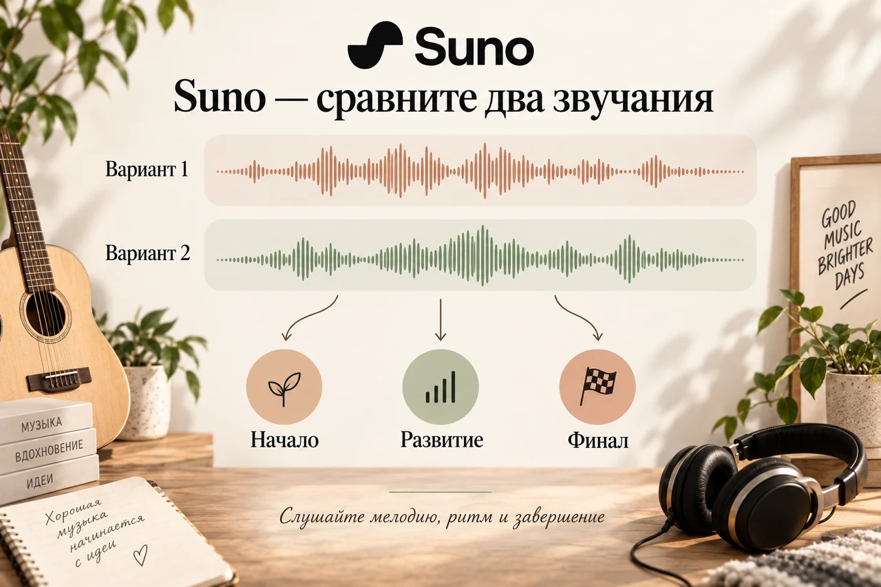 Suno — прослушивание и сравнение музыкальных вариантов