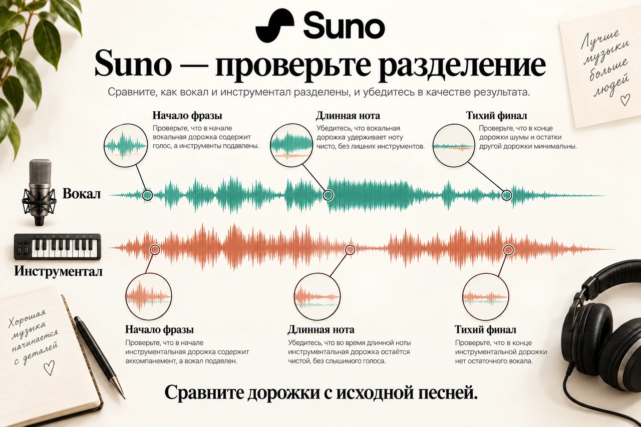 Suno — контроль голоса, сопровождения и остаточных звуков